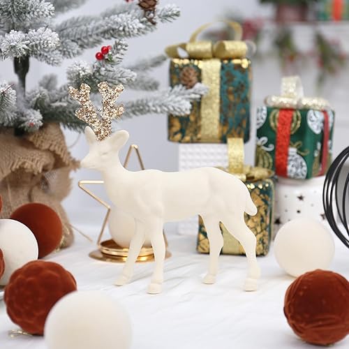 Miniatura 3 de SY Super Bang Decoraciones navideñas de reno de terciopelo, 2 piezas de estatua de ciervo flocado beige, decoración de mesa, para el hogar,