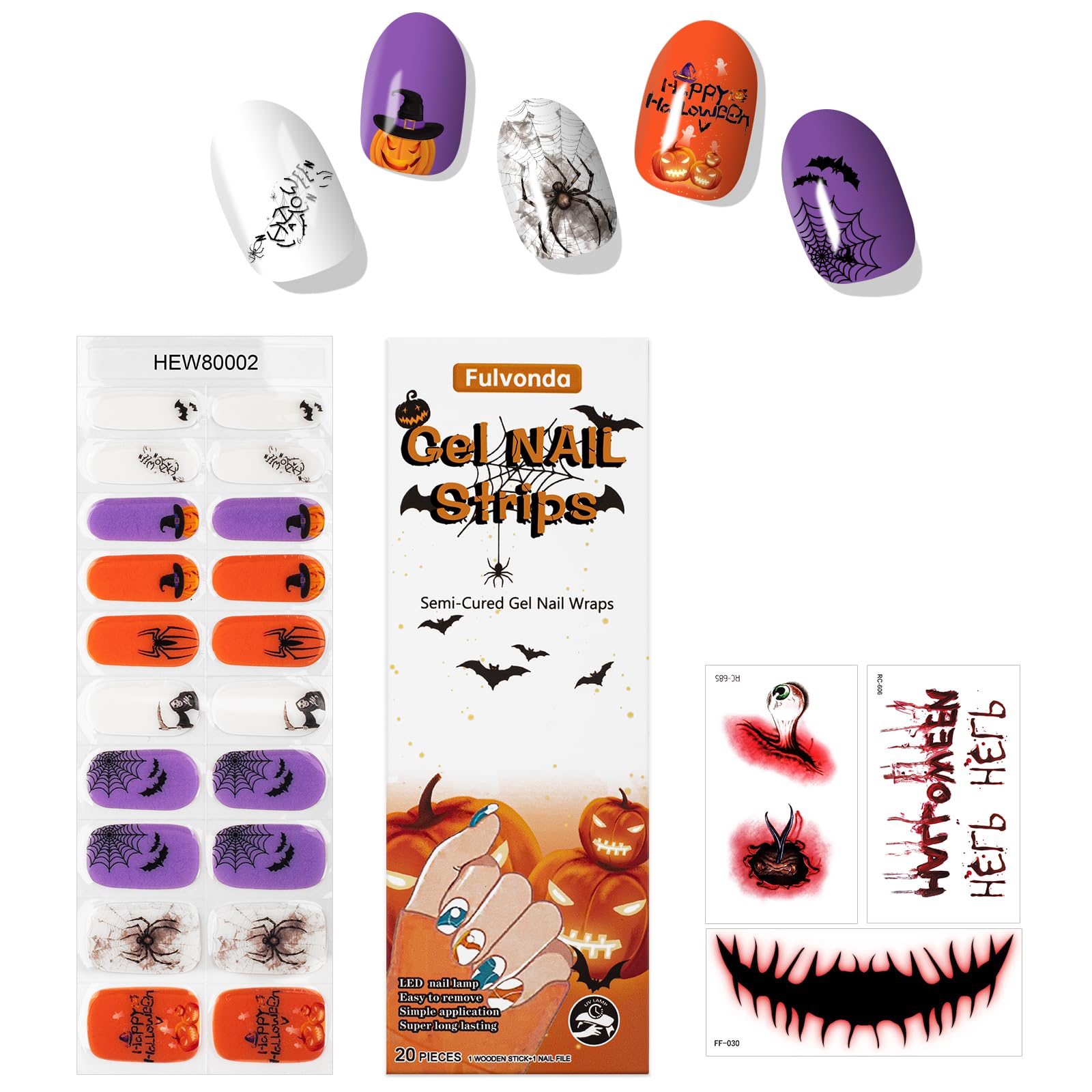 Semi Cured Gel Nail Strips for Halloween – Gel Nail Art Stickers with Spider Webs, Skeletons, Bats & Witch Patterns – UV Light Cured Nail Decoration Wraps for Women, Easy to Apply (HEW80002)