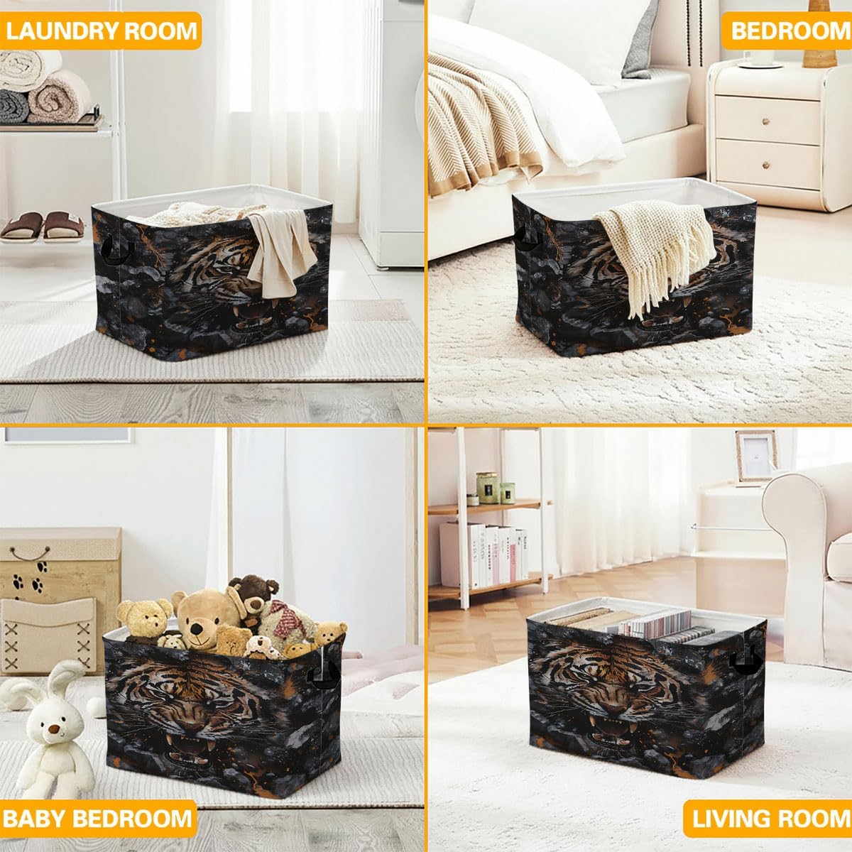 56L Tiger Rectangular Storage Bin,Laundry Basket Clothes Hamper with Handles,Foldable Blanket Storage Cotton Linen Laundry Hamper with Waterproof PE, Home Decor. image 5