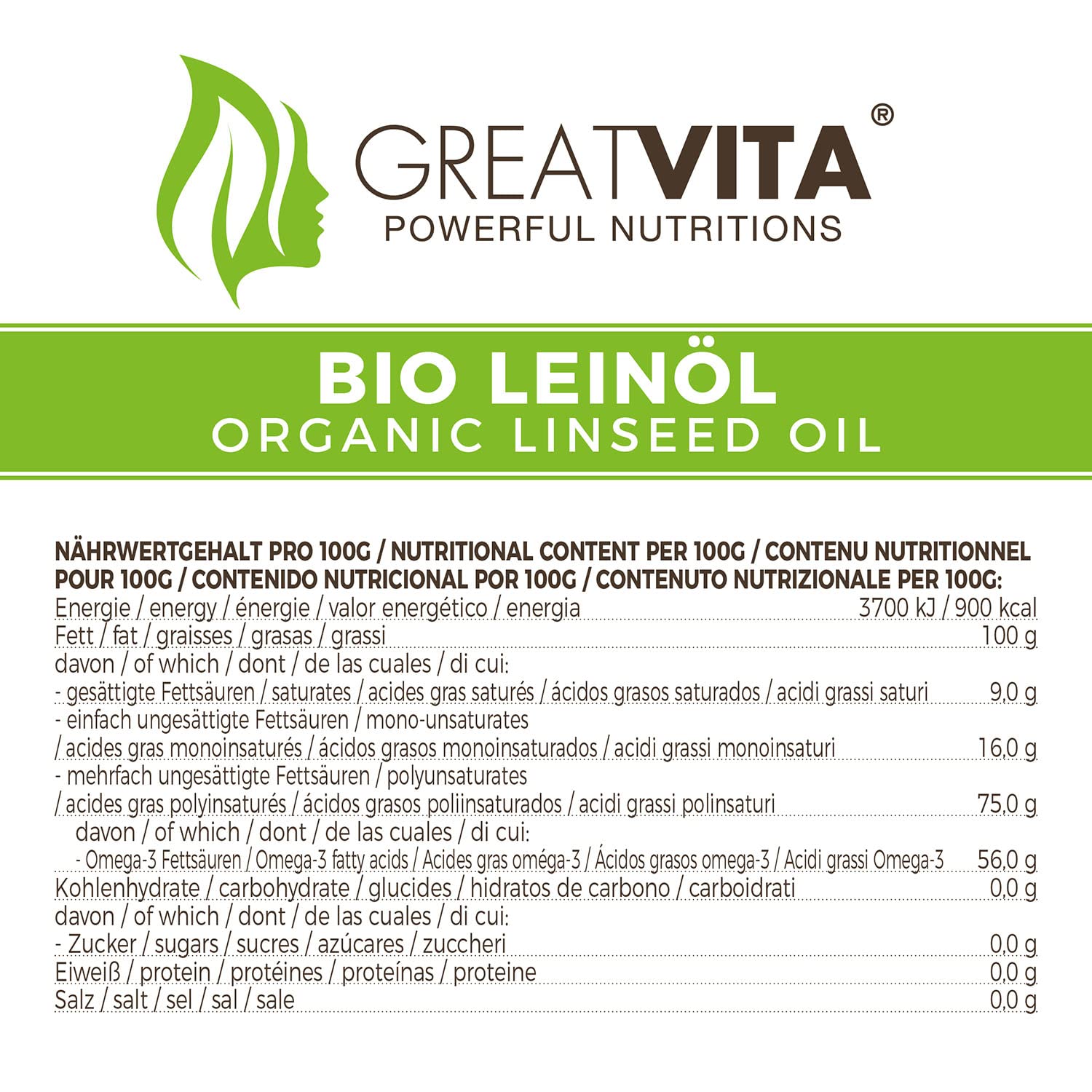 Aceite de linaza orgánico MeaVita, 100% puro y prensado en frío, paquete de 2 (2x 500ml) en botella de vidrio