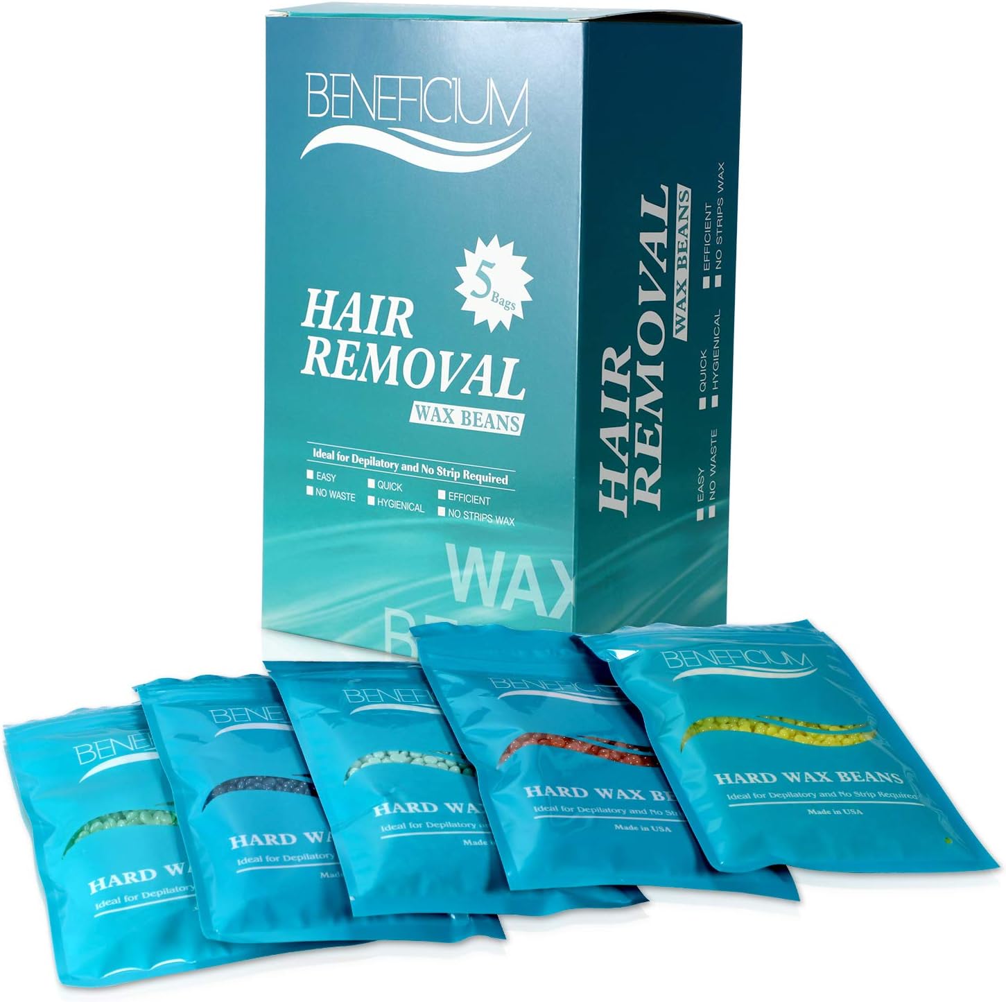 Beneficium Hard Wax, Hair Removal Beads Painless Stripless Wax Beans, 5 Pack,17.6 oz/500g (Wax Beans)