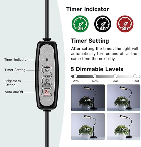 Miniatura 5 de Luz de crecimiento para plantas de interior, lámpara para plantas de siembra, suculentas, bombillas de espectro completo, cuello de cisne de plantas