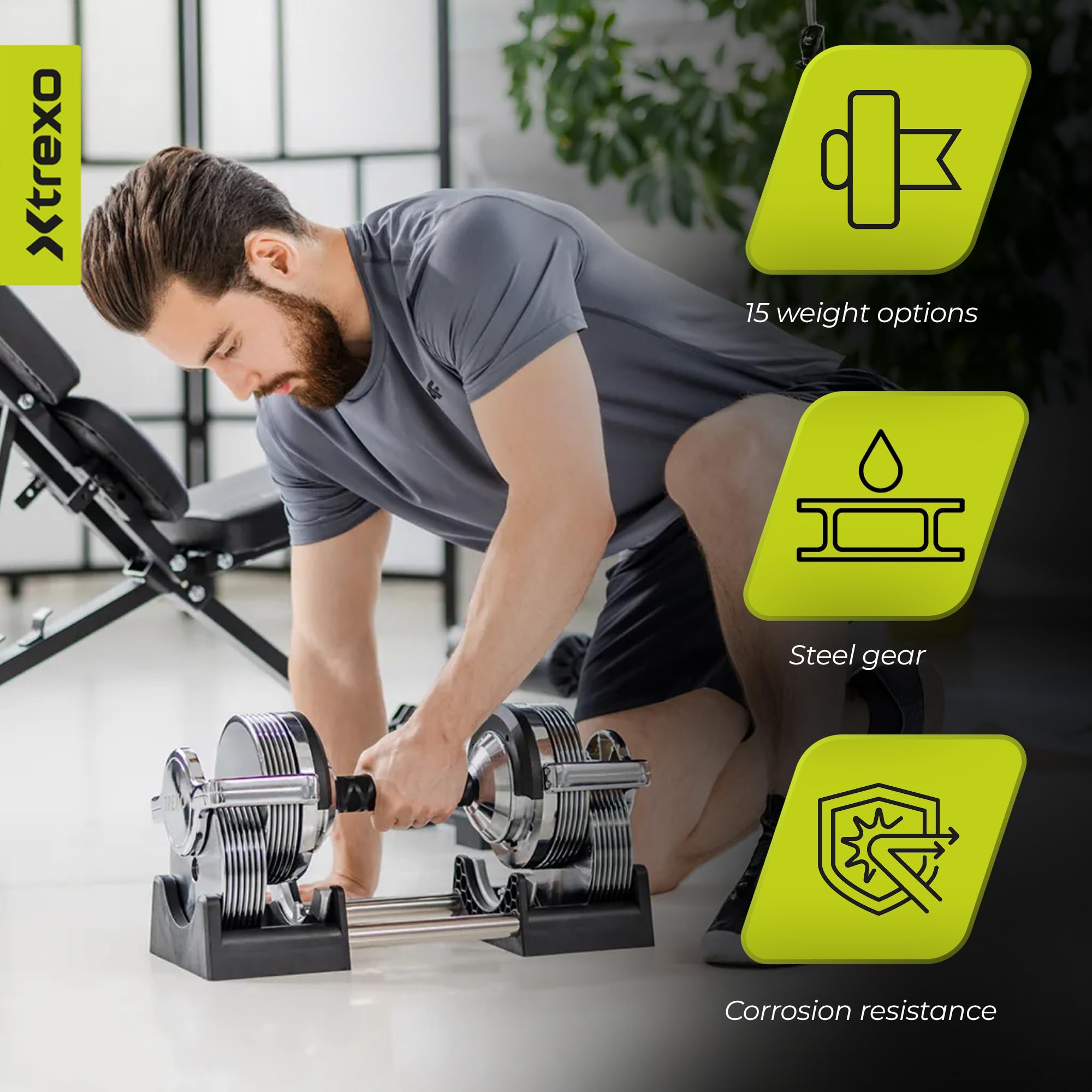 XTREXO 30-stufige feine Gewichtsanpassung 3-32 kg – Verstellbare Hantel – Verchromter Stahl – Silber – Für Krafttraining, Muskelaufbau und kompaktes Home-Gym