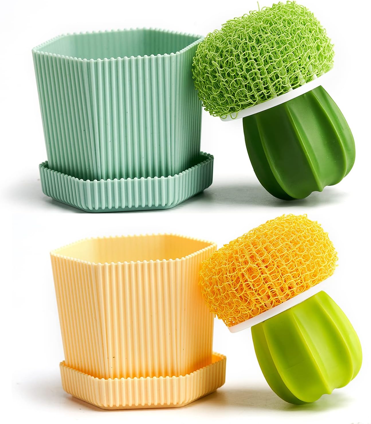 Sirensky Cactus Dish Scrub Brushes Pot Brush Kitchen Cleaning Scrubbers Set 2PK for Cleaning Dishes Plate Pan Pot Sink with Drip Tray (6 Replacement Brushes) (Green and Yellow)