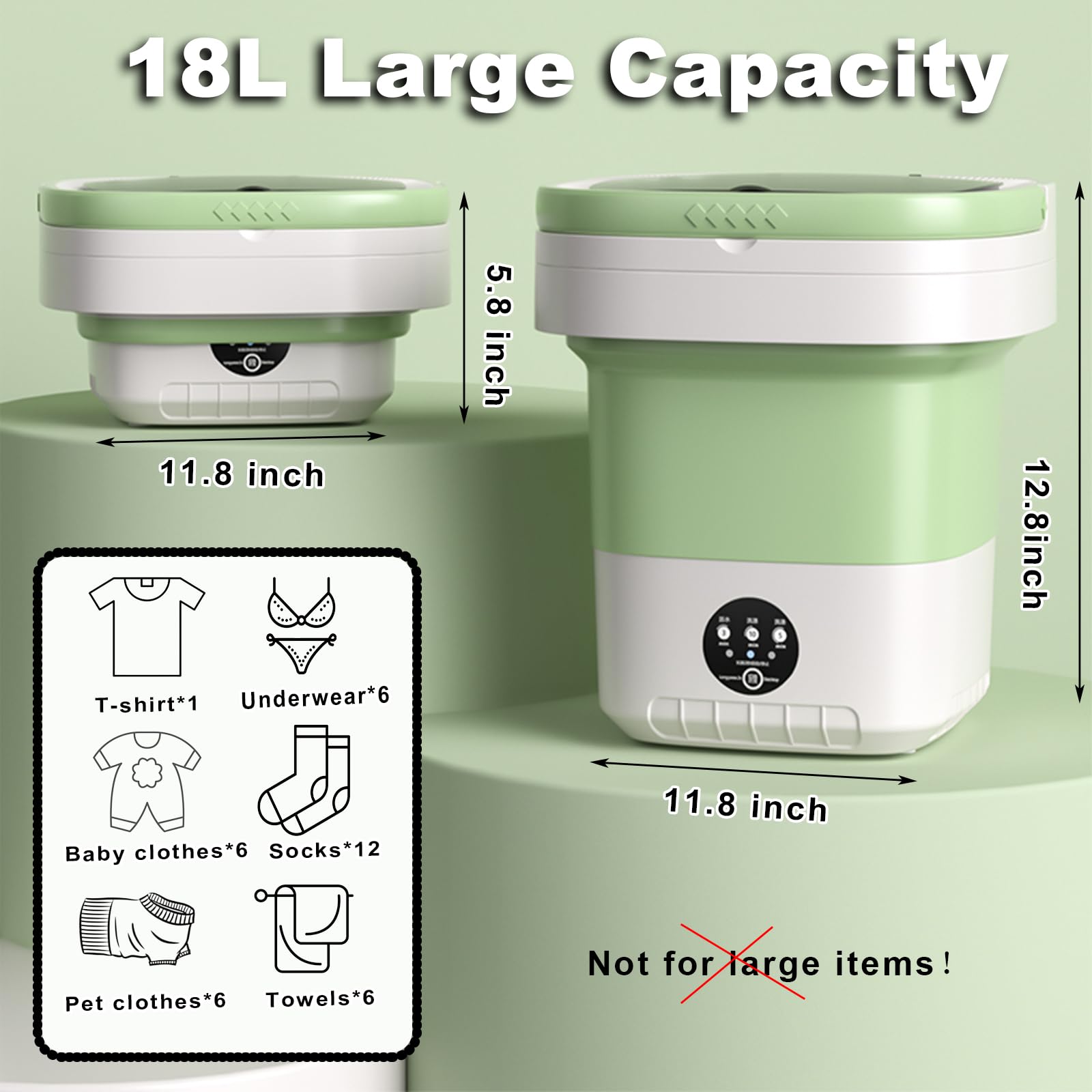 Lavatrice portatile, mini lavatrice pieghevole da 18 litri con cestello girevole, lavatrice compatta e asciugatrice con 3 modalità di pulizia per biancheria intima, calze, viaggi, appartamento (verde)