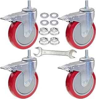 DICASAL 5 Inch Heavy Duty Stem Casters 360 Degree Swivel Thread Wheels with Metric Size M12-1.75 Screw Bolt Double Locking Brake Castor Wheel Load Capacity Upto 1200 Lbs Pack of Four