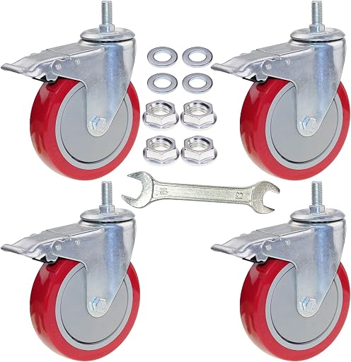 DICASAL 5 Inch Heavy Duty Stem Casters 360 Degree Swivel Thread Wheels with Metric Size M12-1.75 Screw Bolt Double Locking Brake Castor Wheel Load Capacity Upto 1200 Lbs Pack of Four