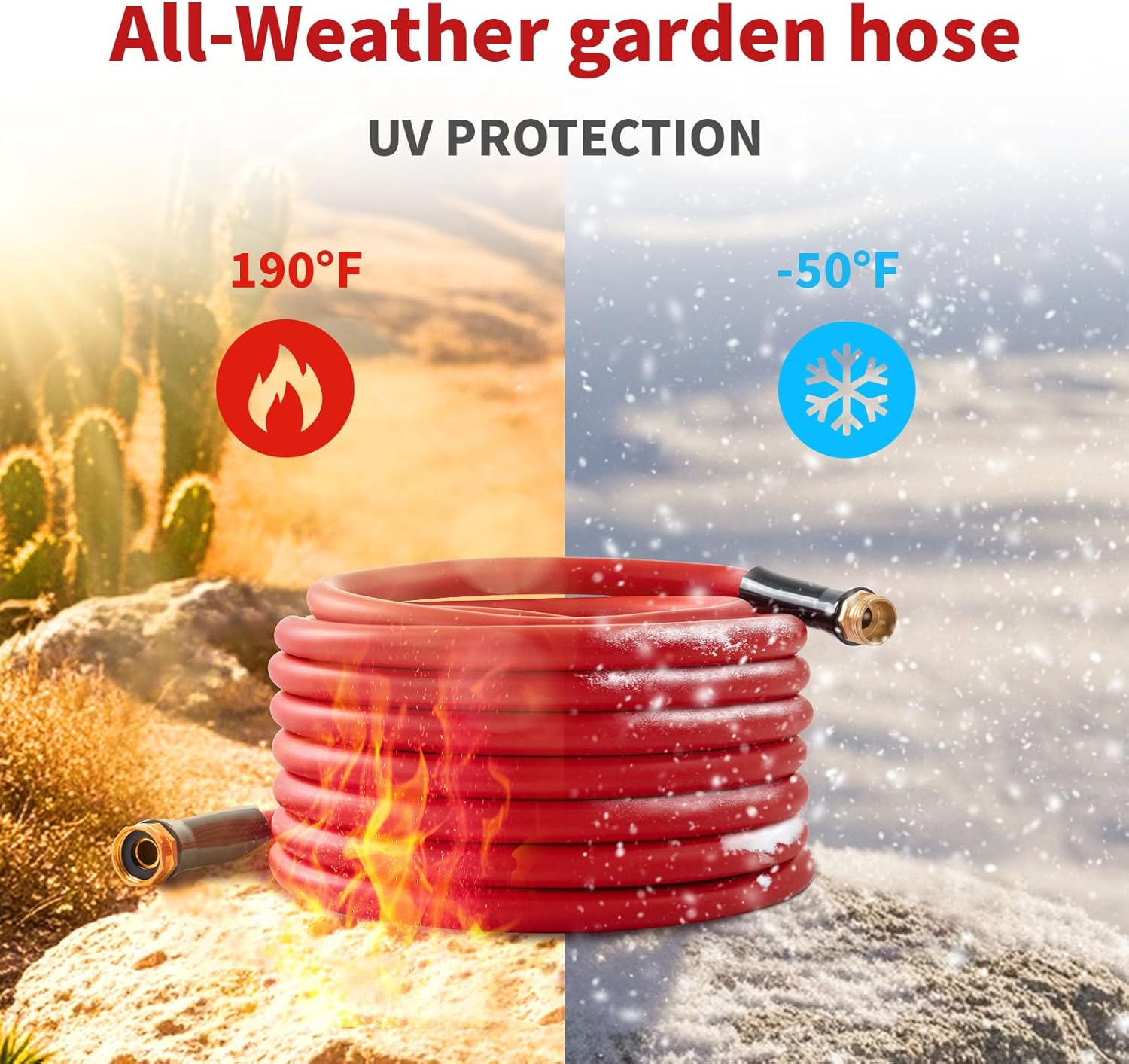 Garden Hose 50 ft x 5/8” Hot/Cold Water Hose,-50°F to 190°F,Burst 600Psi Flexible & Lightweight Upgraded Rubber Hoses,3/4” Solid Fittings for All-weather Outdoor Lawn & Garden