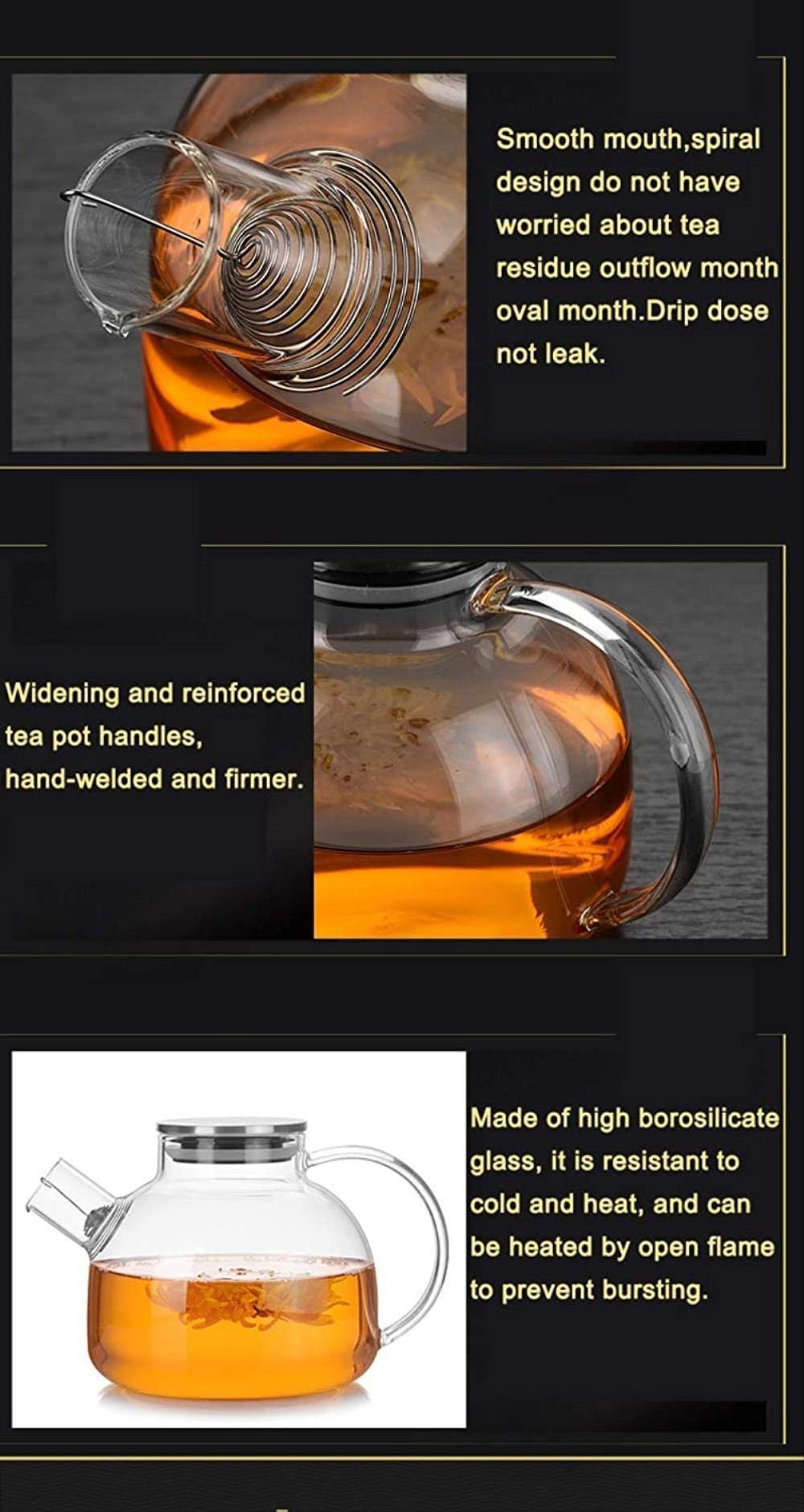 Tetera de 1000ml, teteras de Vidrio, Tetera Resistente al Calor, Jarra de Agua fría con Tapa de Acero Inoxidable, contenedor de Jugo Transparente de té Kung Fu 1yess