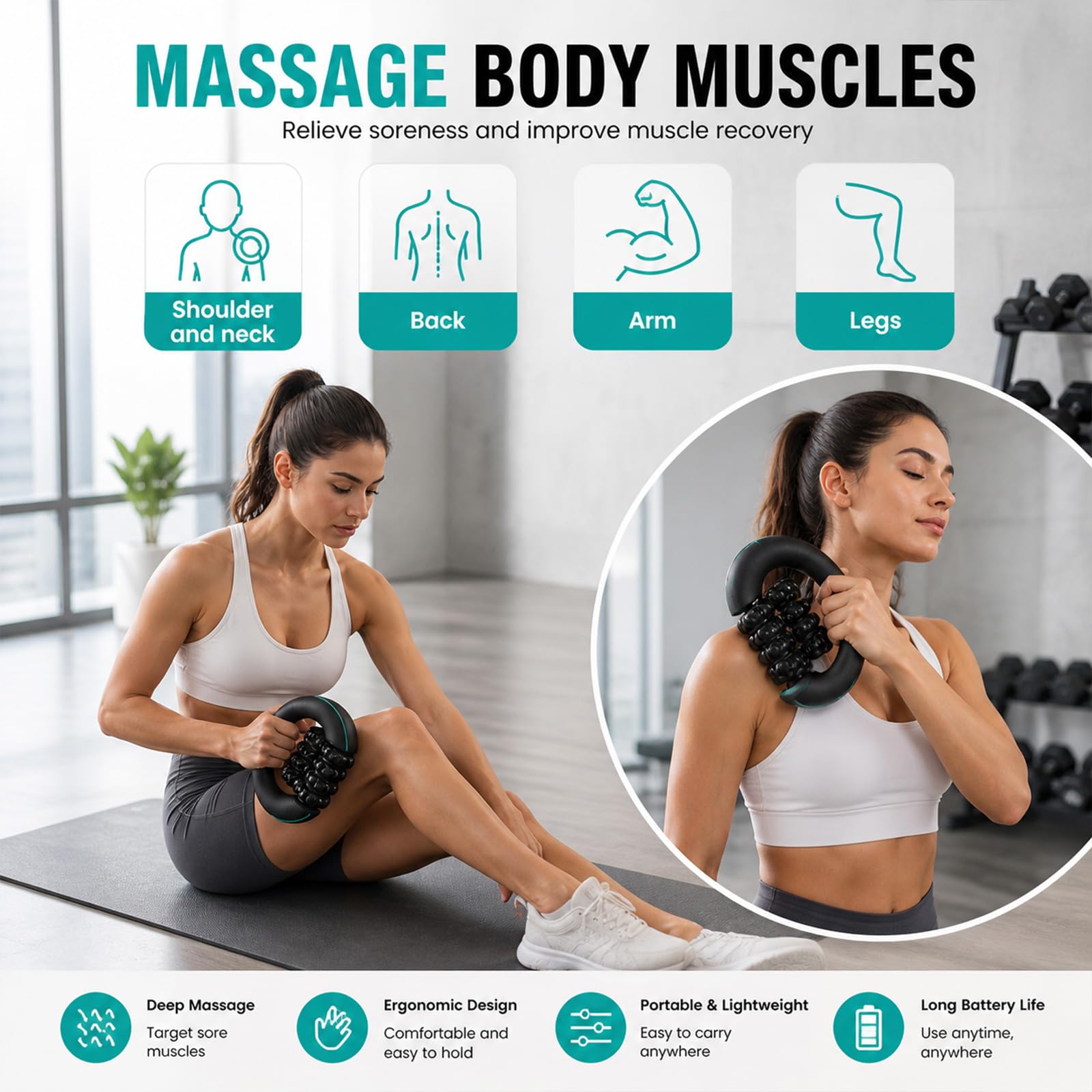 Masseur électrique à main avec rouleaux, 8 vitesses, massage en profondeur rechargeable pour le dos, les épaules et les jambes, rouleau de fascia électrique avec 6 têtes de massage pivotantes (A-3