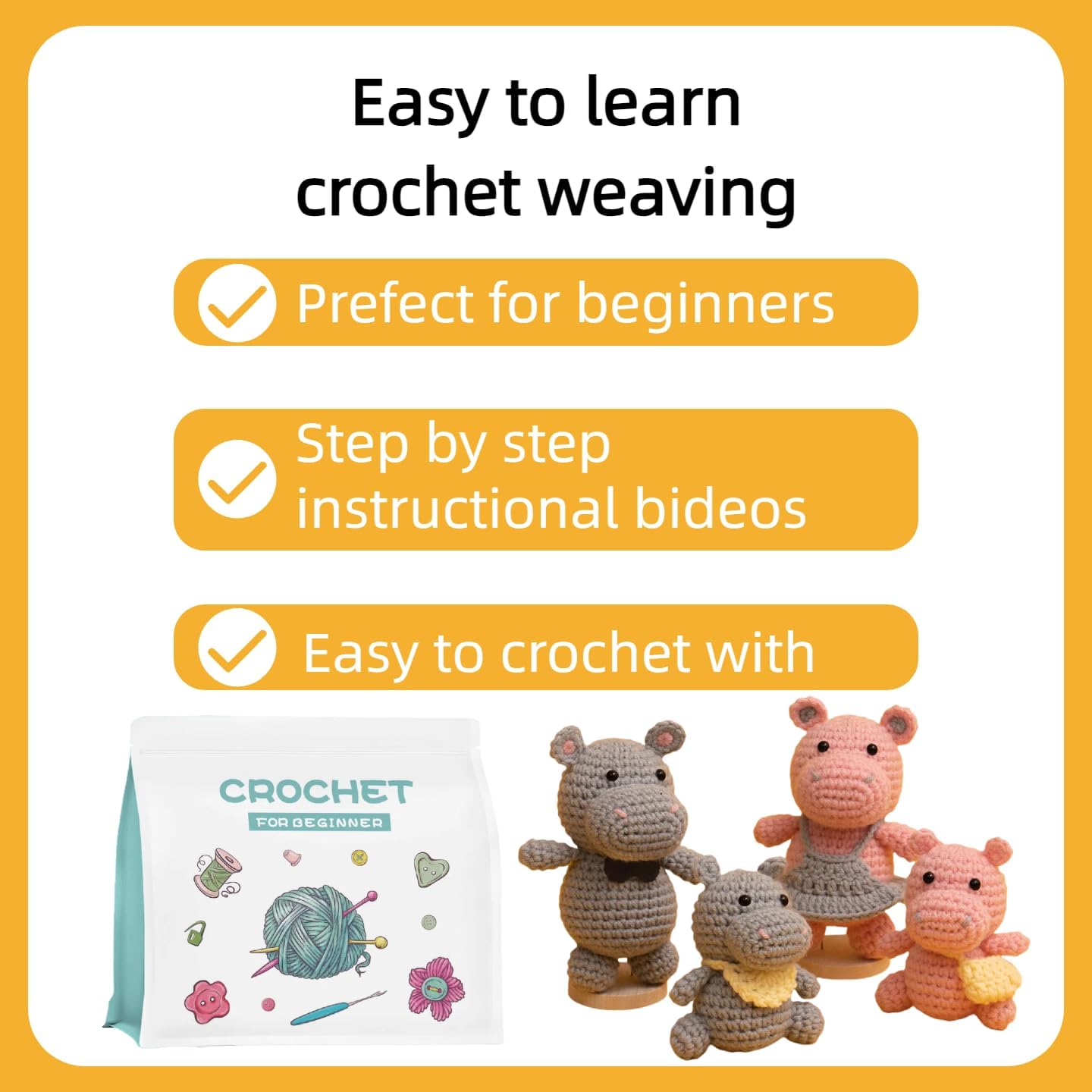 Hylvix DIY Crochet Kit for Beginners, Hippo Family Animals Set with Guide Video Tutorials, Yarn and Hooks Included
