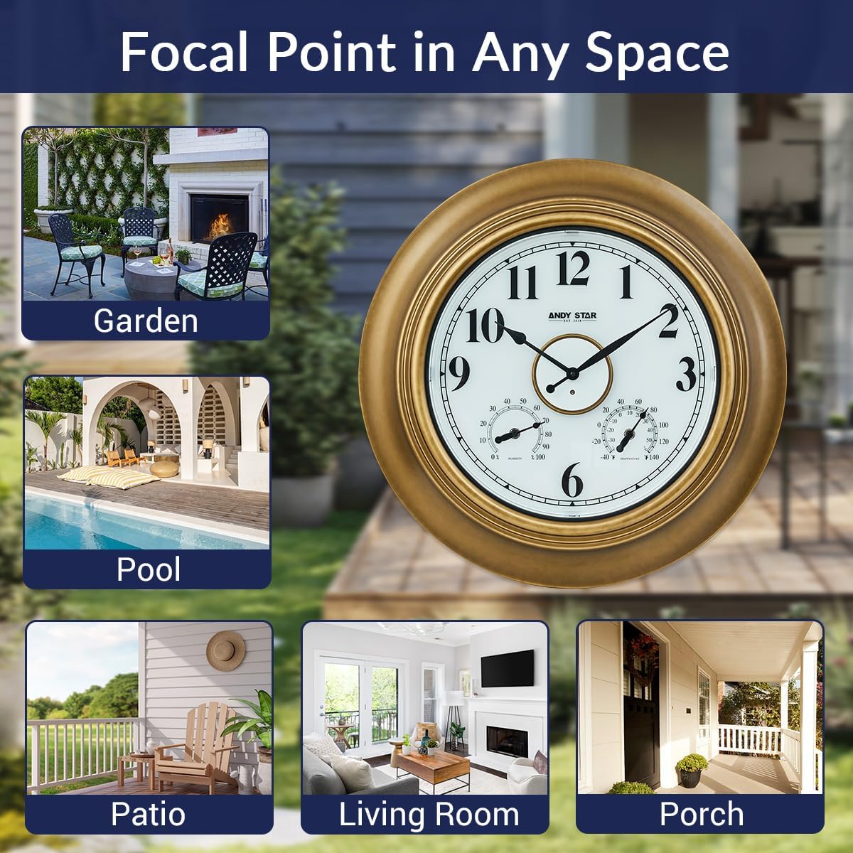 ANDY STAR 21 Inch Outdoor Clocks Waterproof, Large Outdoor Wall Clocks for Patio with Thermometer, Weatherproof Illuminated Clock Battery Operated with Thermometer&Hygrometer, Gold Metal Finish