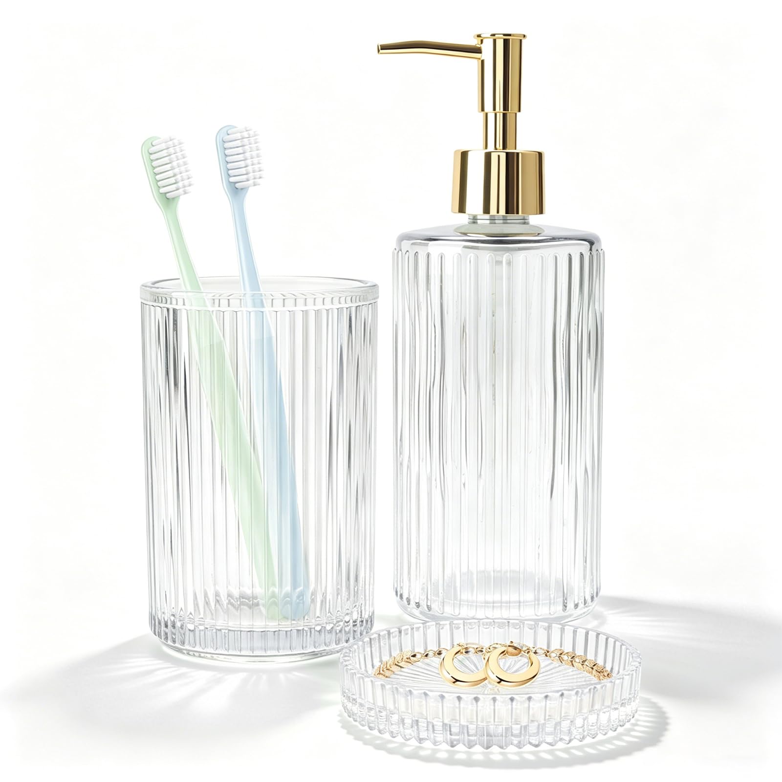 Photo 1 of Glass Bathroom Accessories Set, Clear Glass Bathroom Set Include Soap Dispenser, Toothbrush Holder and Tray, Elegant Bathroom Decor for Housewarming Gift - 3PCS
