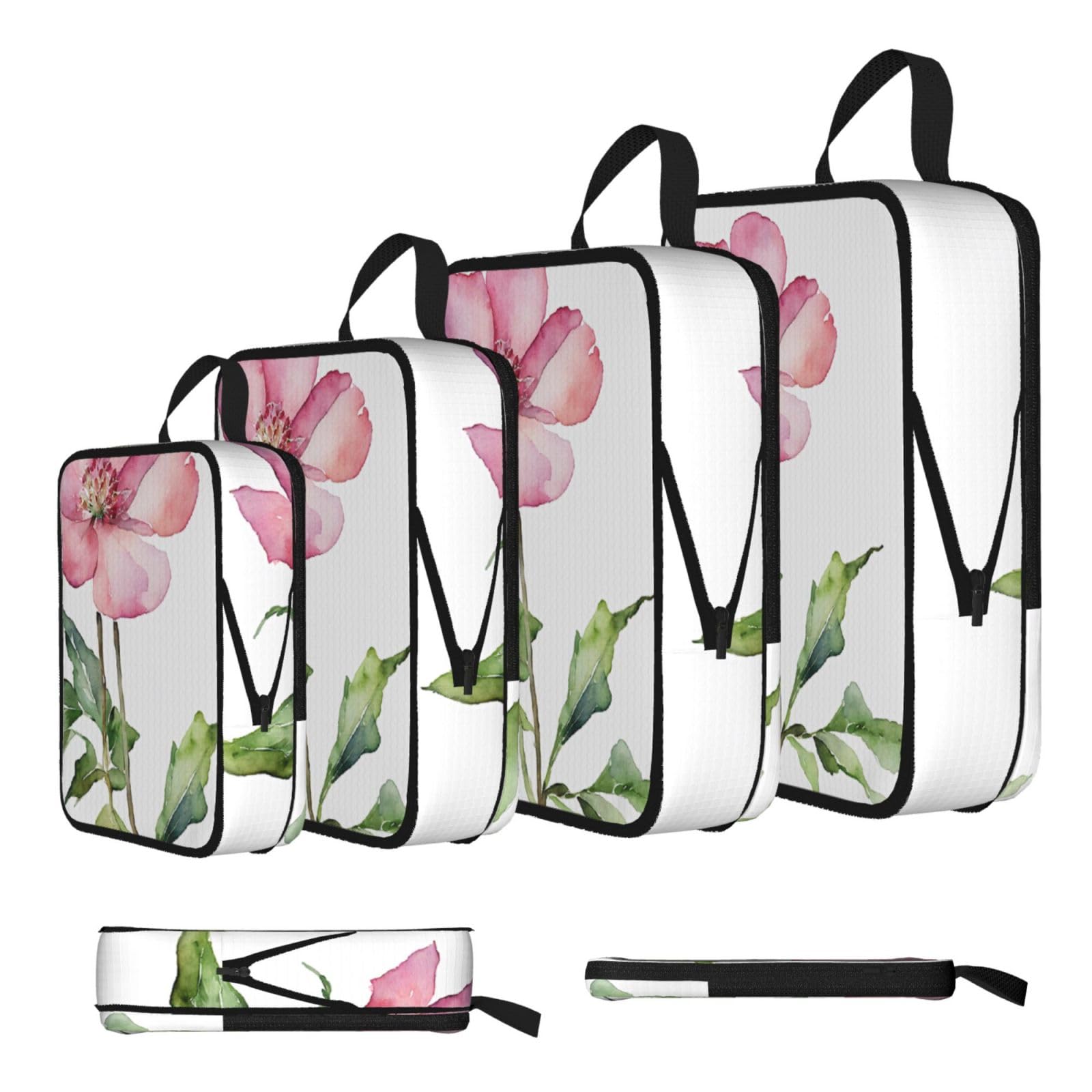 Ezdlowvba Black Peony Print Compression Packing Cubes 4-Piece Set With Multi- Compartment Travel Bag, Waterproof Suitcase Organiser Bags