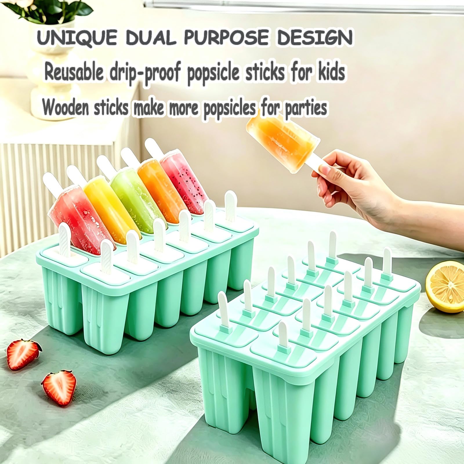 Moldes de silicona para paletas con palitos Wpunwen de 12 cavidades, moldes de helado con cepillo de limpieza, 12 palos reutilizables, 50 palitos, 50 bolsas, color verde