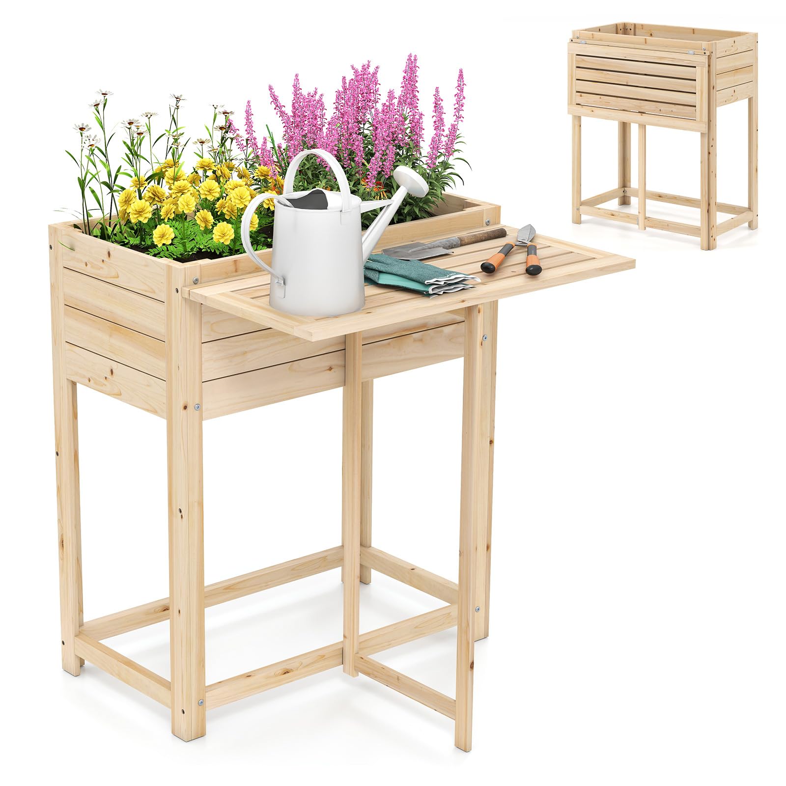 COSTWAY Cama de Jardín Elevada de Madera con Patas, Mesa Lateral Plegable, Drenaje, Caja de Plantación Elevada para Flores Hierbas Verduras Frutas, Jardinera Interior Exterior para Patio Trasero