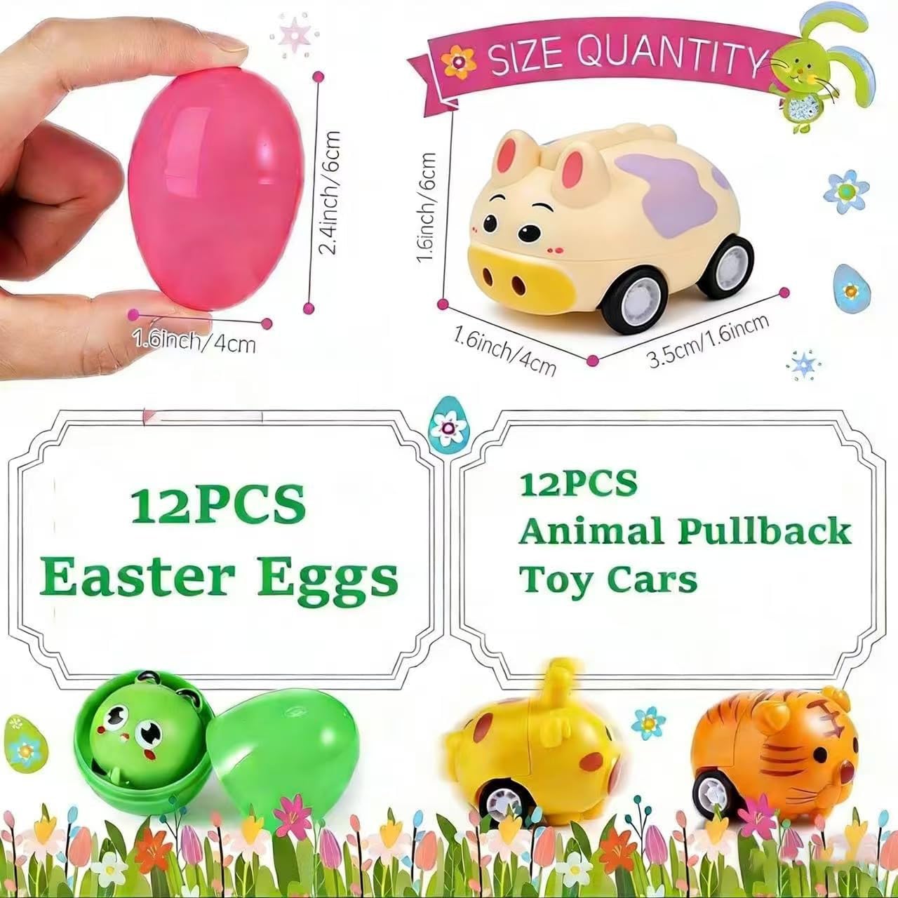 Amyang Easter Eggs Prefilled with Pull Back Cars, 12 Pack, Mini Vehicles Car Toys, Easter Party Favours, Basket Stuffers - Image 2