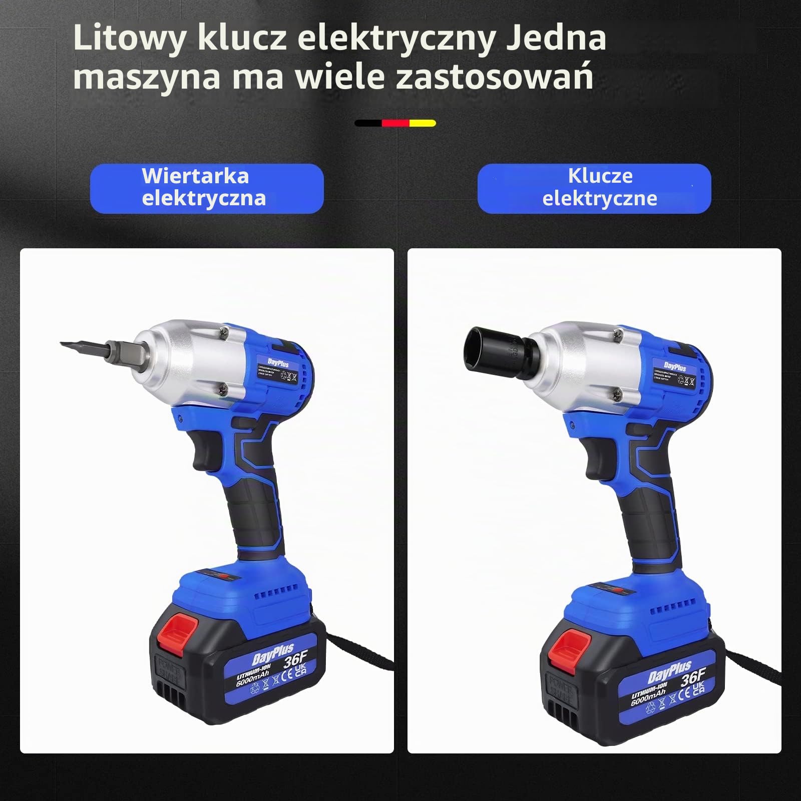 Akumulatorowa wkrętarka udarowy, pistolet 1/2, 3 w 1, bezszczotkowa elektryczna wkrętarka 420 NM, 2300 obr./min, klucz płaski z akumulatorem 6,0 Ah i ładowarką