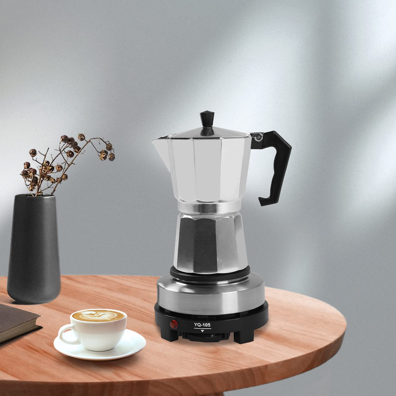 Cafetera de café espresso eléctrica, cafetera moka con placa de calefacción eléctrica, cafetera espresso pequeña, temperatura ajustable para camping (6 tazas)