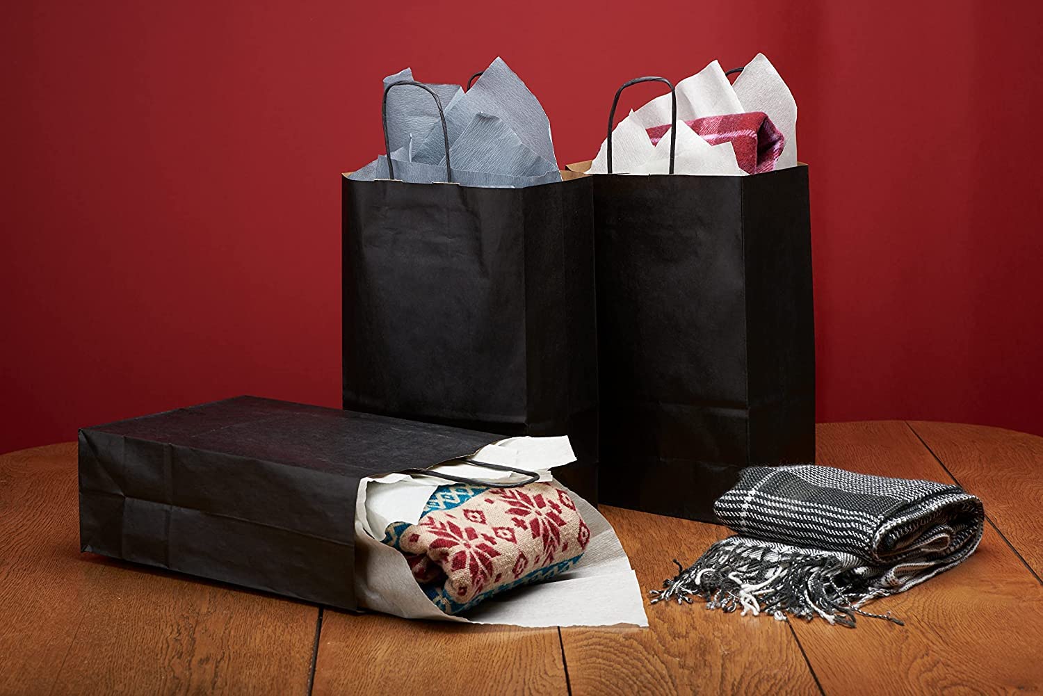 Deliex delicias de Extremadura. 200 Bolsas para regalos de papel kraft Negras con asas en diferentes tamaños, bolsas muy útiles para tiendas y comercios (32 x 39,5 x 12 cm Negras, 200 Bolsas)