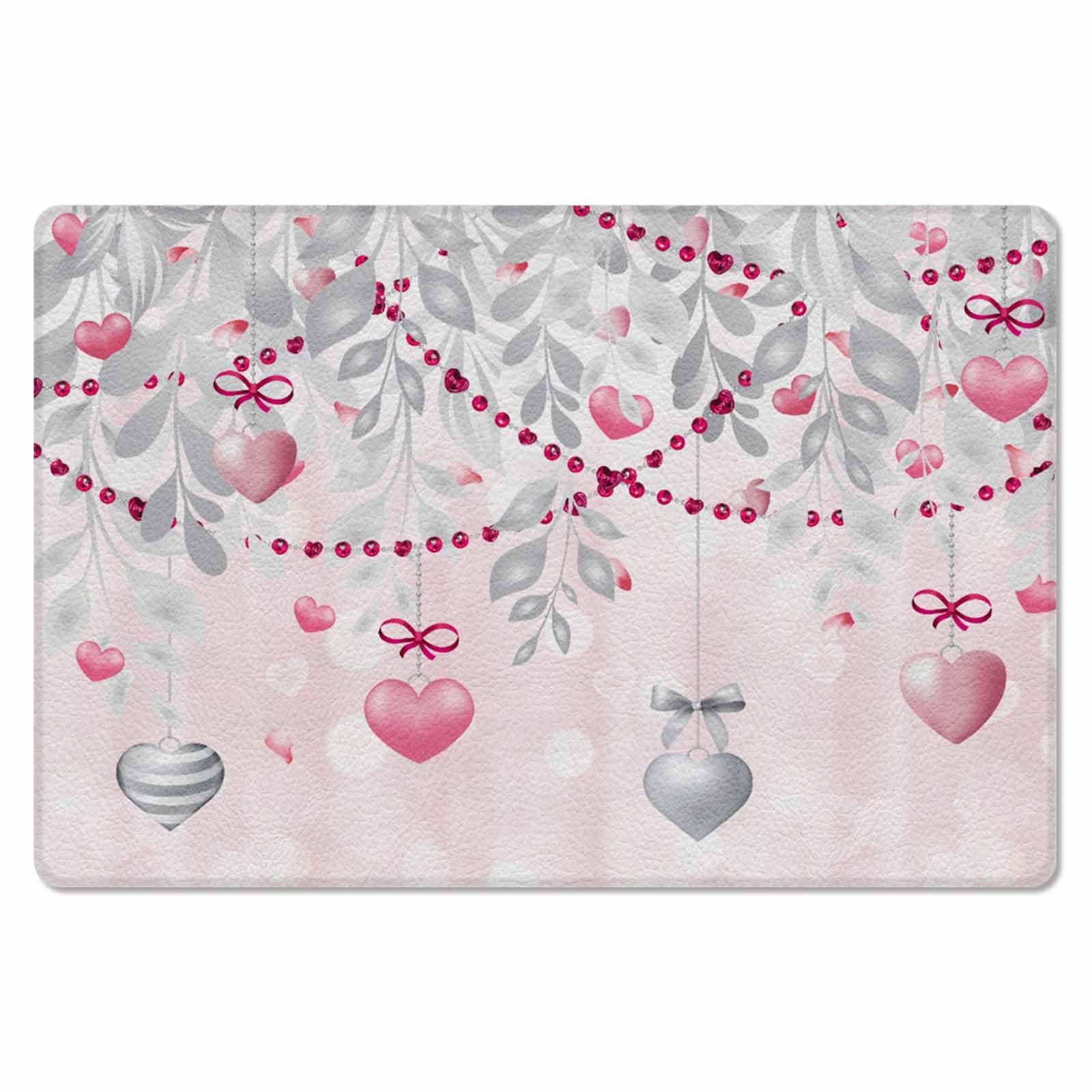 Valentine's Silver Heart Kitchen Bath Door Mat Cushioned Runner Rug,Washable Welcome Floor Sink Antifatigue Mat,Waterproof & Non-Slip Comfort Standing Doormat,Gradual Solid Pink Dot Stripes 18
