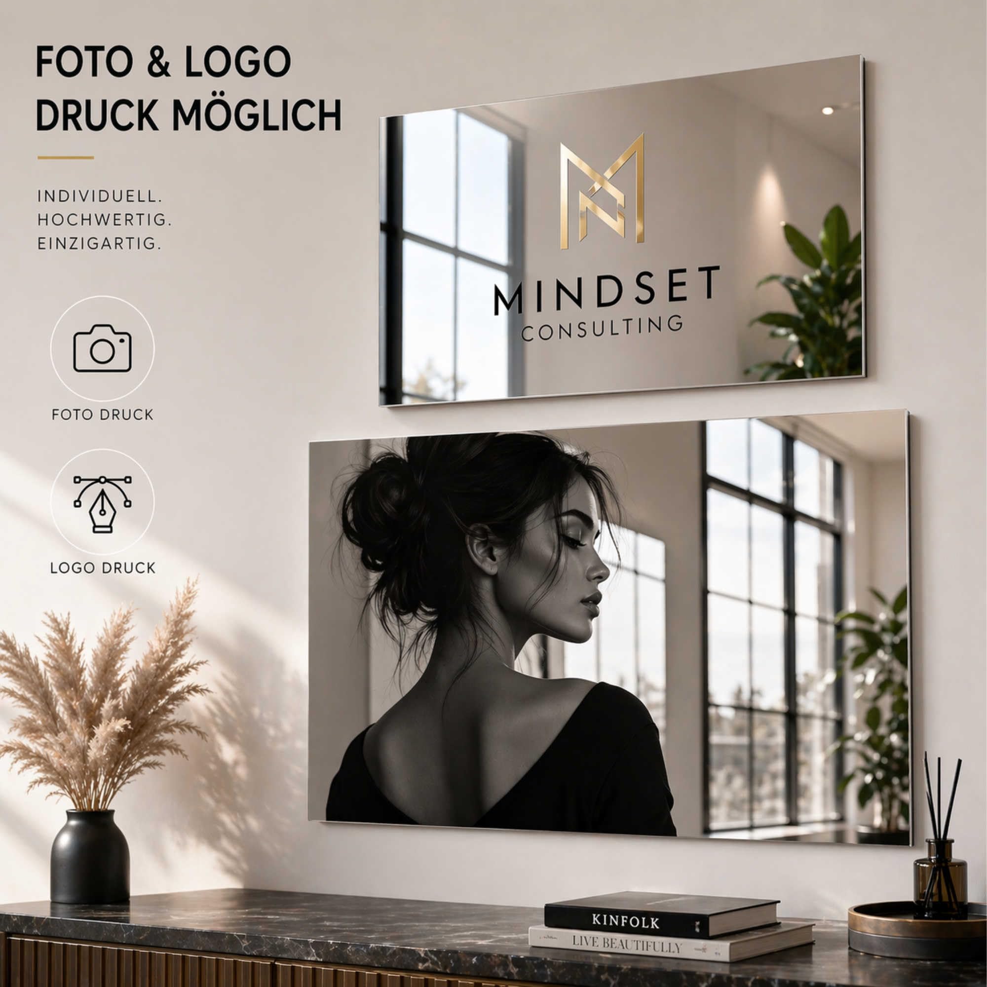 Schilder selbst gestalten - Spiegelschild personalisiert - 60x40 cm - Firmenschild mit Logo und Text - Türschild Büro Praxis Empfang - Aluverbundplatte 3 mm Spiegel