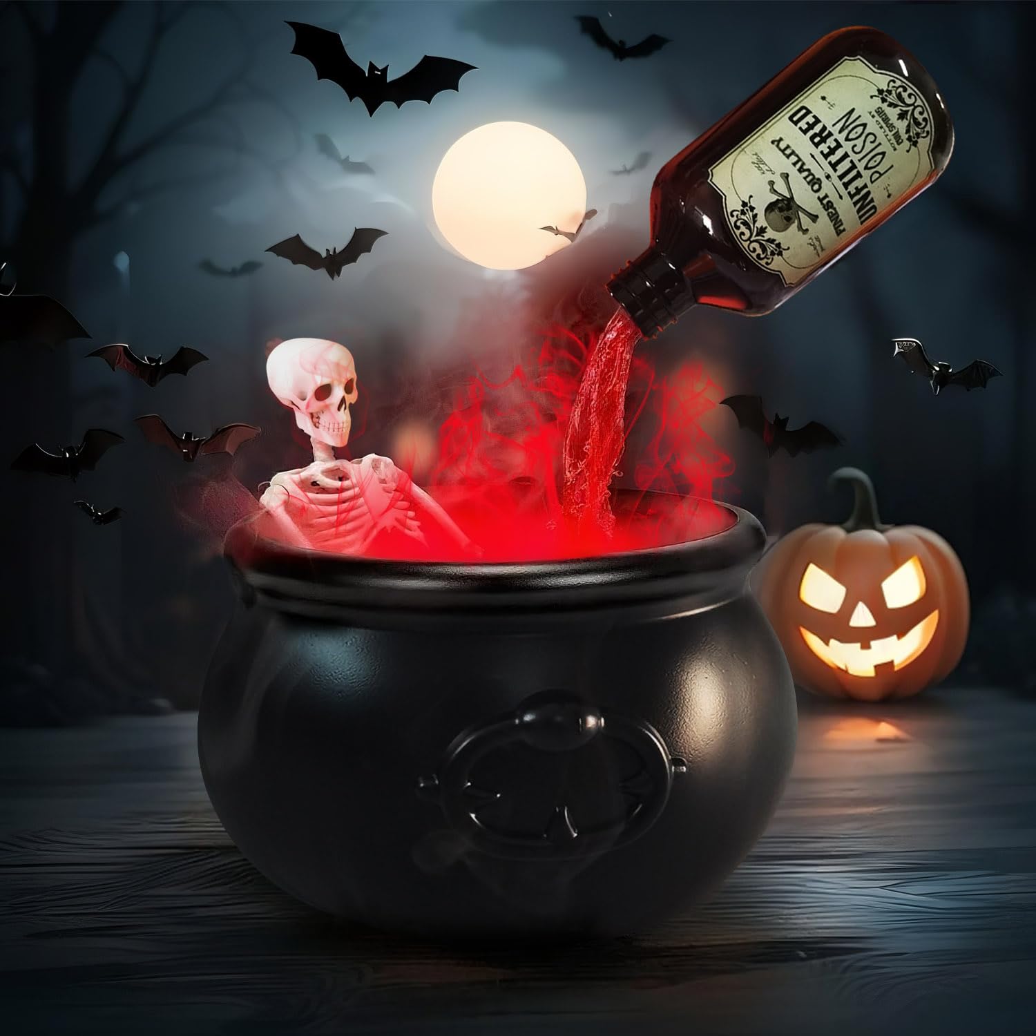 Halloween Decoration Set, Ultrasonic Mist Maker Fogger with Black Witch Cauldron DIY Magic Floating Bottles Halloween Skeleton Splash Guard, Spooky Hocus Pocus Party Decor for Home Garden Kitchen Yard-image-34