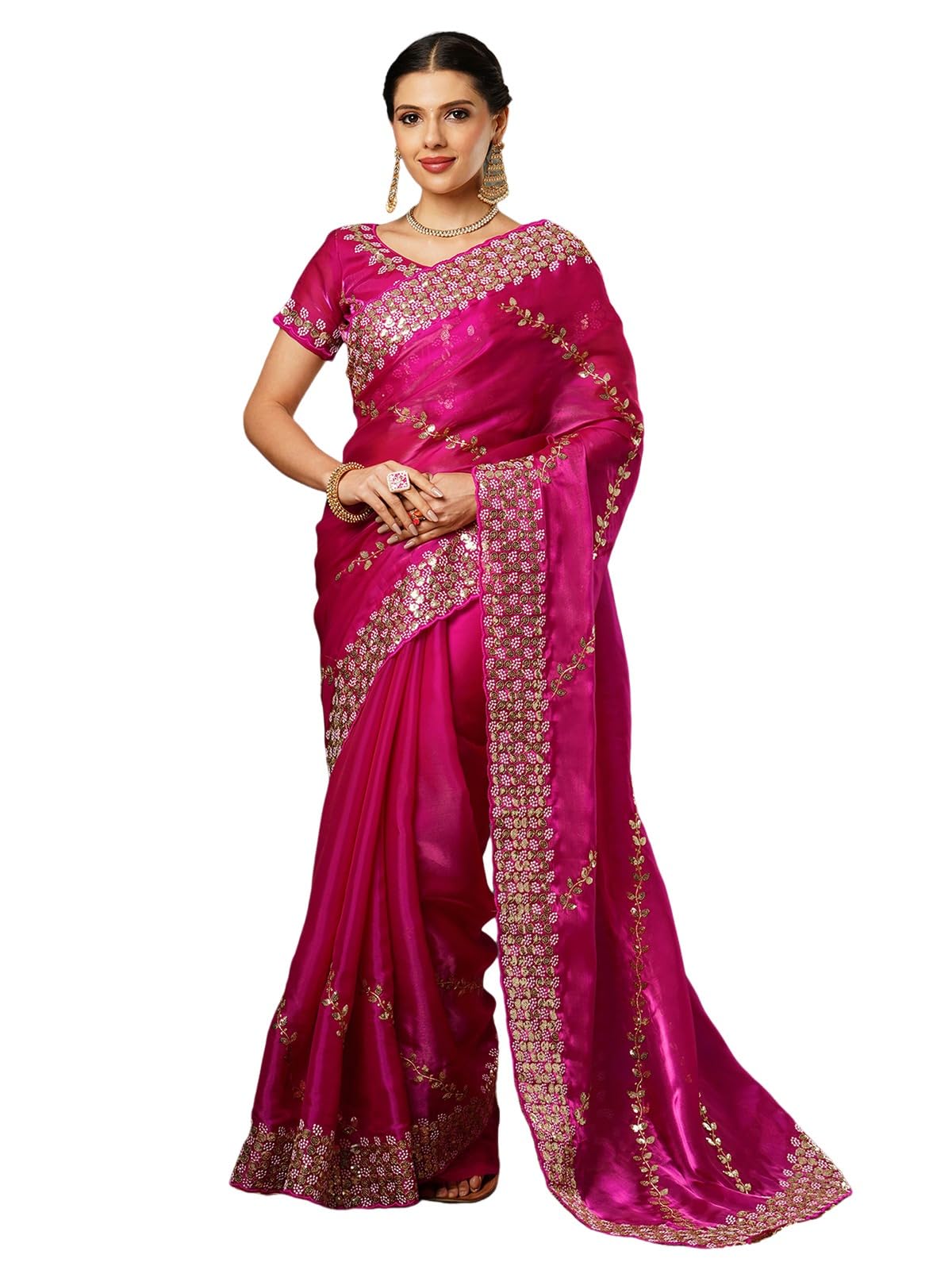 Satrani Women's Tissue Silk Sequence Embroidery Work Scalloped Border Saree With Unstitched Blouse Piece (3905S153N_Rani Pink)
