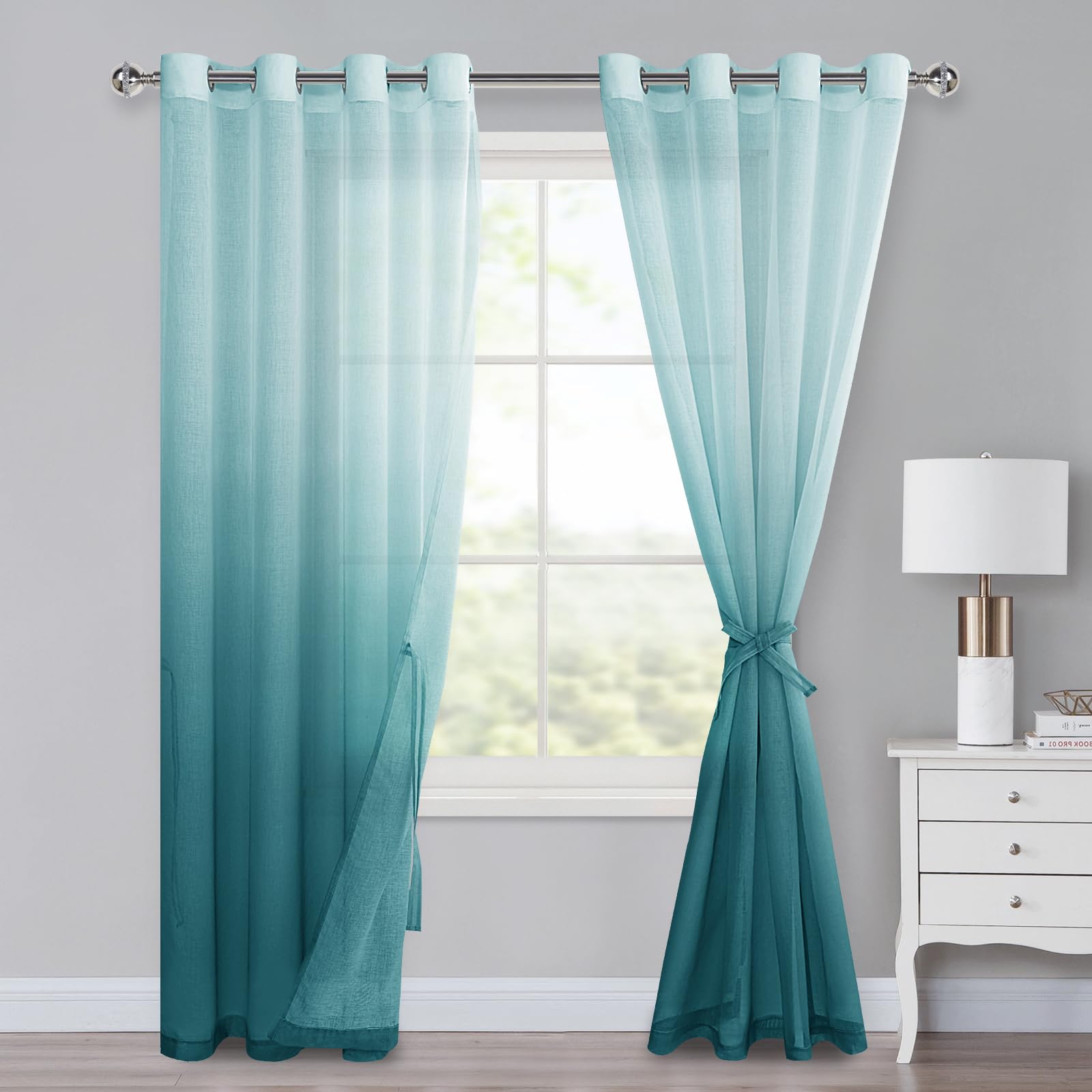 Rideaux en voile turquoise XWZO dégradé de couleur 225x140 cm pour salon