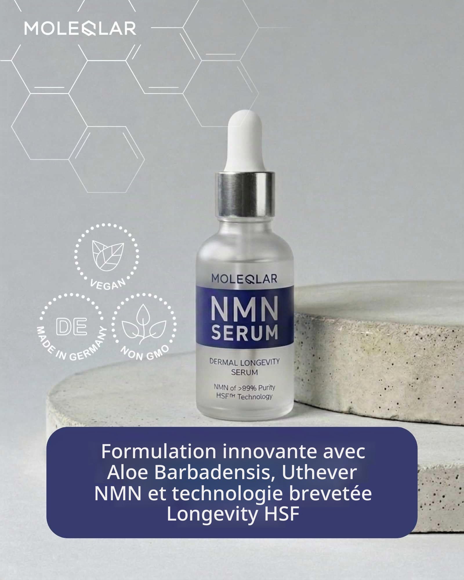 Sérum visage MoleQlar NMN 30 ml - Longévité pour votre peau - avec la technologie brevetée HSF et du NMN d'Uthever hautement purifié