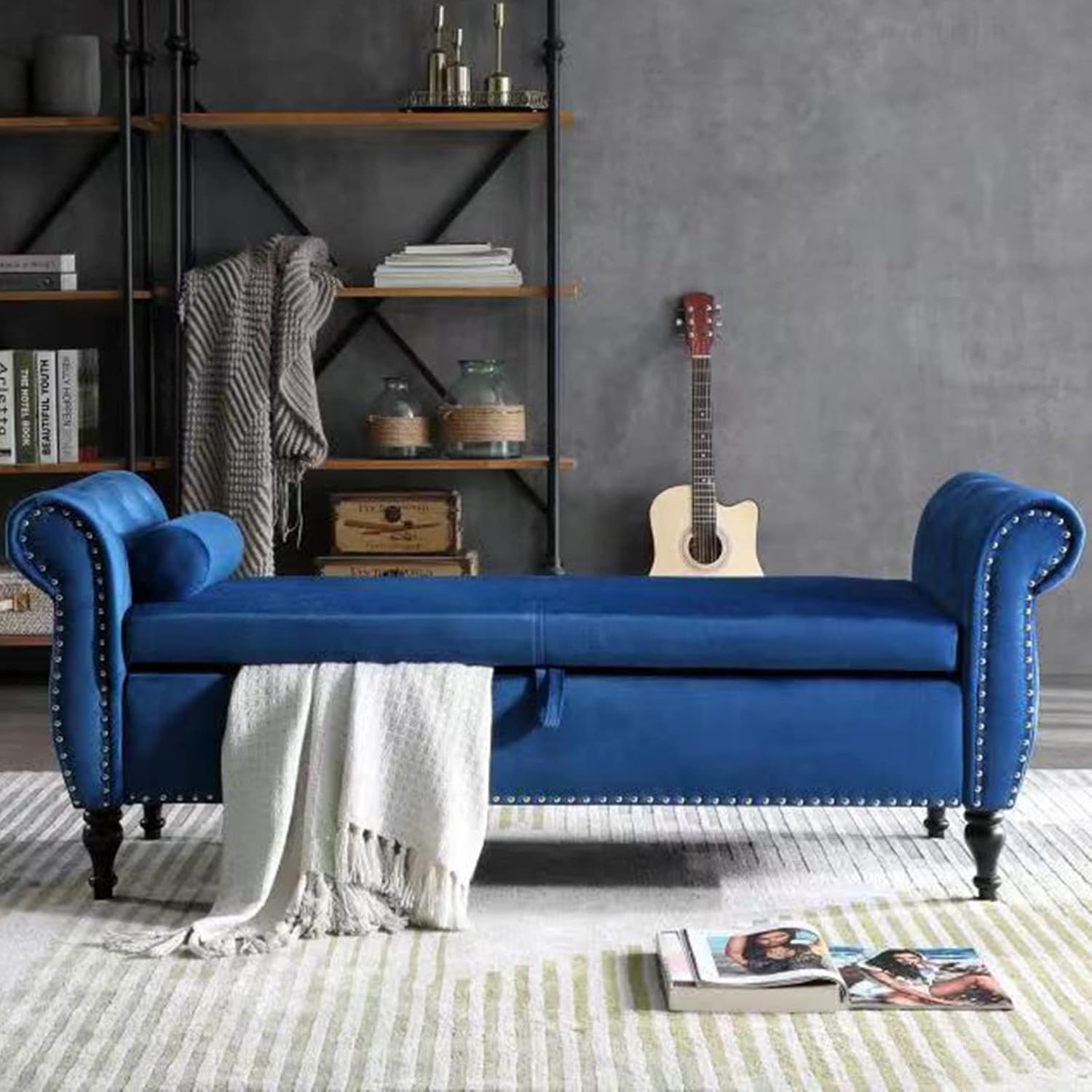 Polibi Storage Bench for Bedroom, Velvet Upholstered Bed Ottoman with Rolled Armed Button Tufted Design, Long Bench for Bed Window Living Room, Blue
