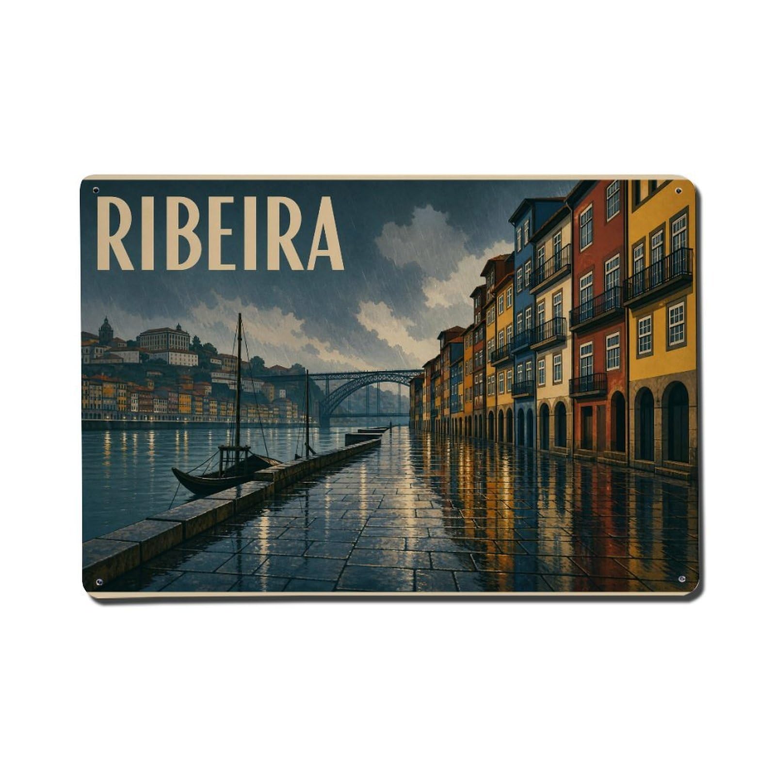 Huiyhb 8X12inch(20X30cm) Vintage Travel Ribeira Rain Wet Cobblestones Reflections Metal Tin Sign