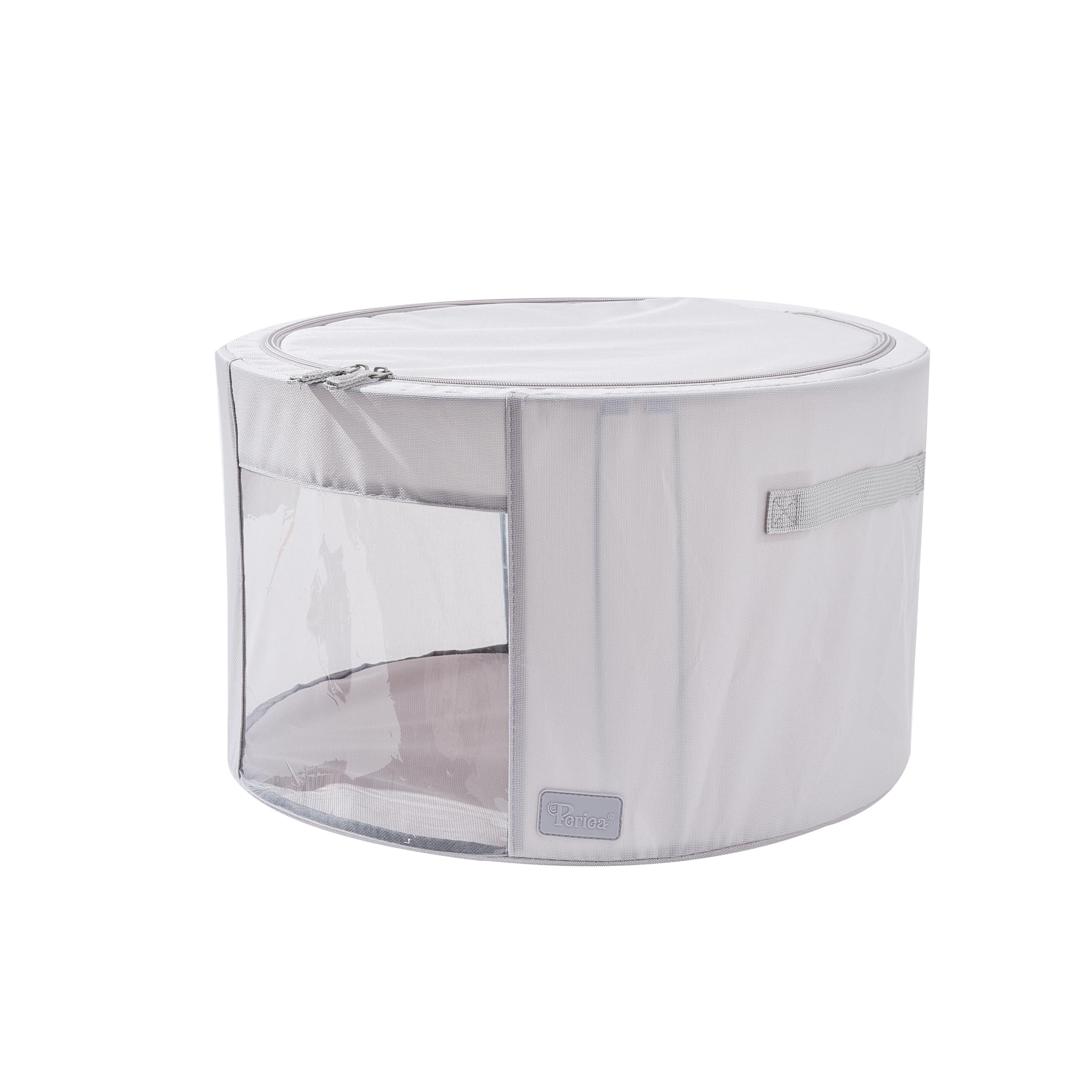 Periea 'Abby' Round Home Storage Boxes with Zip Lids, Front Window & Folding Steel Frame (Grey, Large)