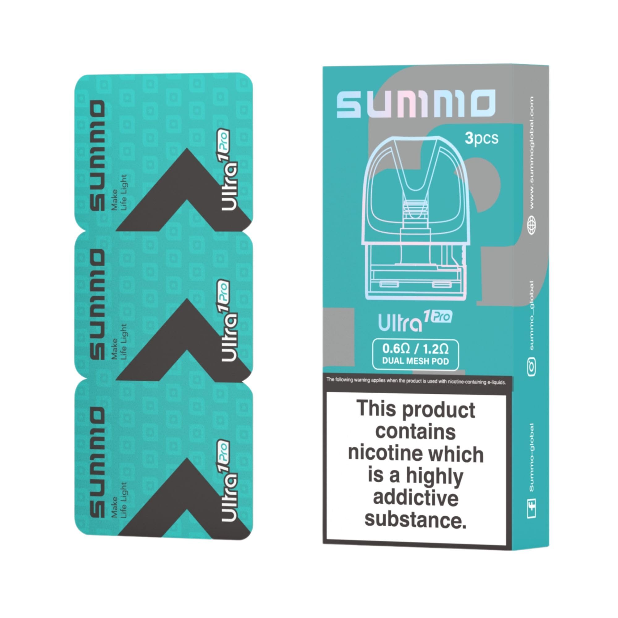 Summo Ultra 1 Pro Replacement Pods - 3 pack - 0.6 ohm / 1.2 ohm, Side-Fill, RDTL and MTL Vaping, For Summo Ultra 1 Pro Kit - No Nicotine