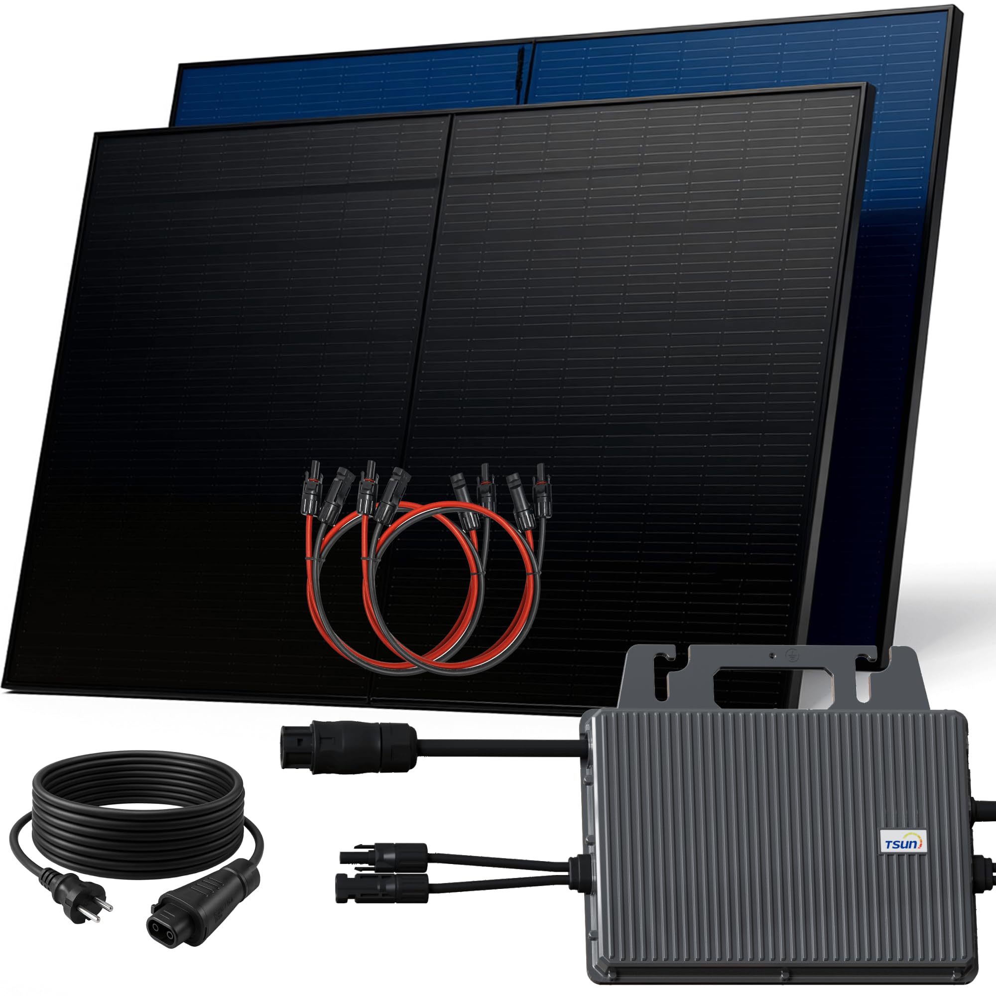 SUNNIVA 1000W Balkonkraftwerk BIFAZIAL FULLBLACK komplett Steckdose TSUN 800W Wechselrichter, PV Solaranlage, 2x 500W Glas Solarmodule, inkl. 5m Kabel, Bluetooth WIFI, Komplettset