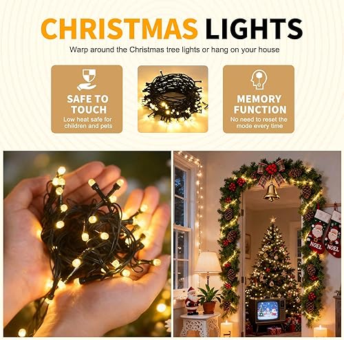 Miniatura 3 de 500 luces LED de Navidad de 164 pies, luces para árbol de Navidad, 8 modos de enchufe, con función de memoria, tira de luces verdes para dormitorio,