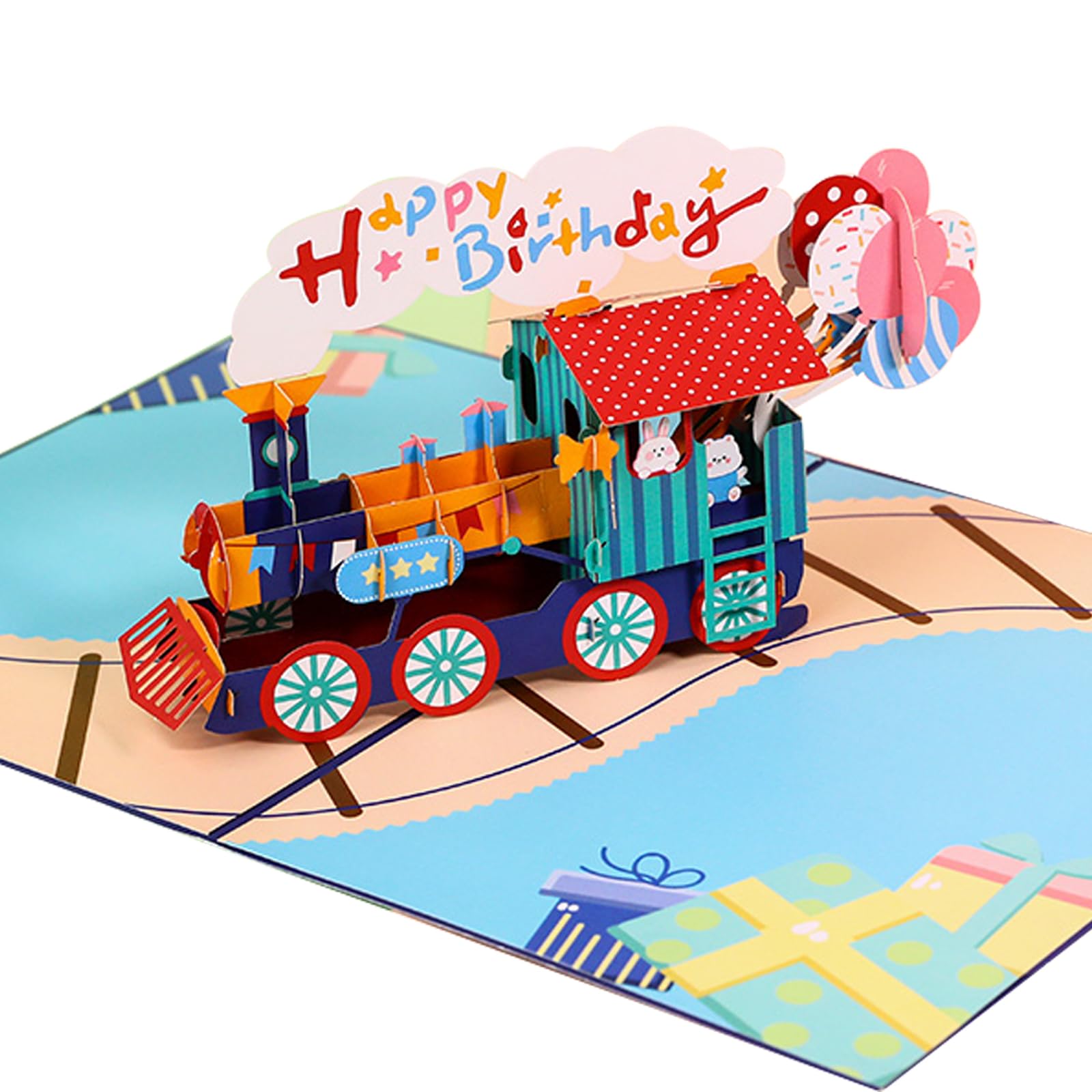 KUKUTrue® 3D Birthday Card with Blue Train and Animals, Happy Birthday Motif, Pop Up Card for Boys and Son, Funny Birthday Cards, Surprise Cards for Birthday, Family and Friends — image 1