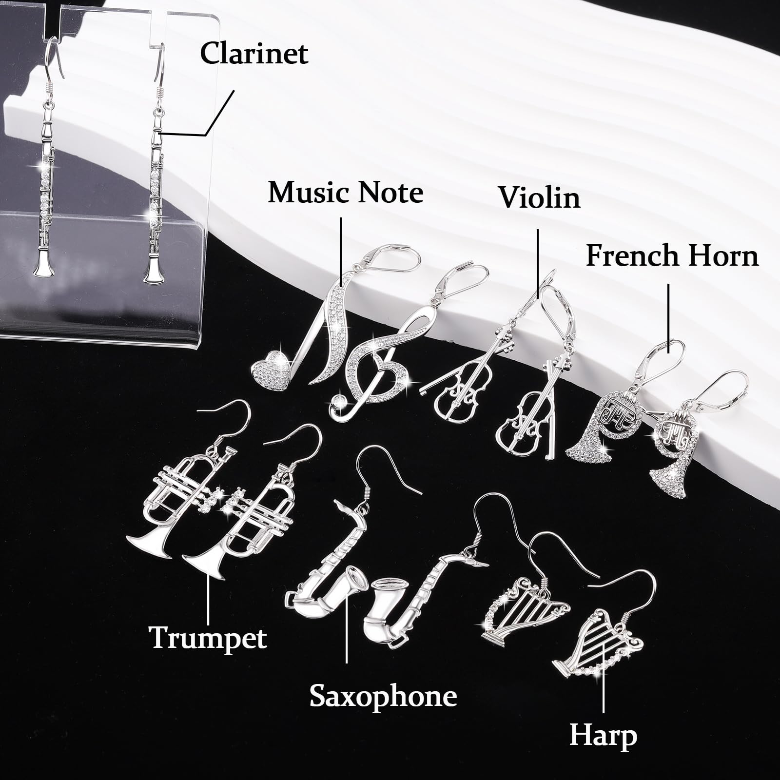 Sterling Silver Music Earrings - Violin/Clarinet/Trumpet/French Horn/Treble Clef/Saxophone/Harp Dangle Earrings Musical Instrument Jewelry Gifts for Musician Teacher Women Men