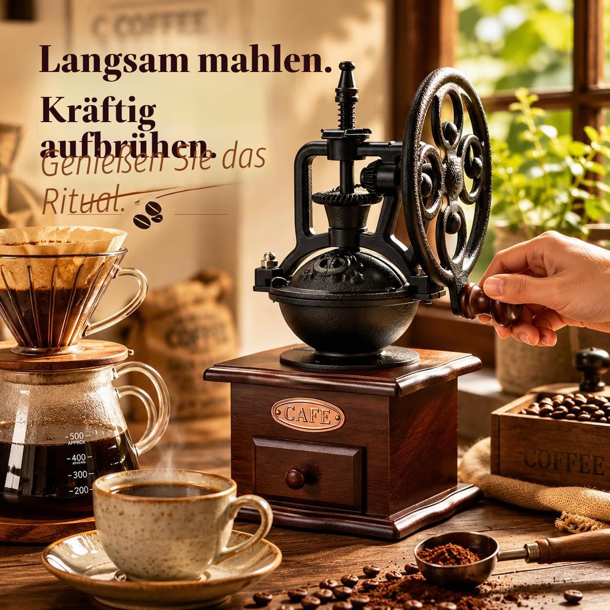 Zerodis Manuelle Kaffeemühle, Retro-Stil, Handkurbel, Holz, Keramik, Gusseisen, Mühle für Kaffeebohnen, Gewürze, Pfeffer, Getreide, Vintage-Dekoration