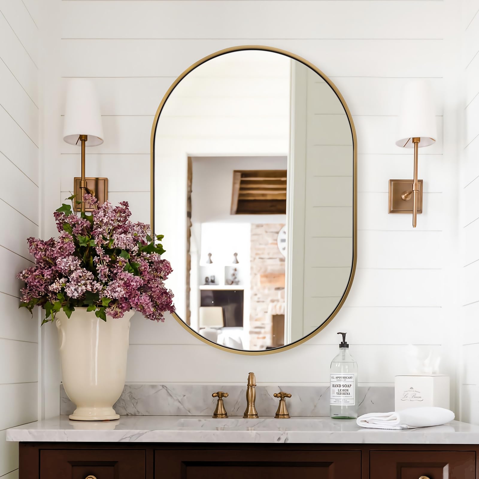 ANDY STAR Gold Mirror, 20x30 Inch Brushed Gold Oval Mirrors for Bathroom, Brass Pill Shaped Mirror, Modern SUS304 Stainless Steel Metal Frame