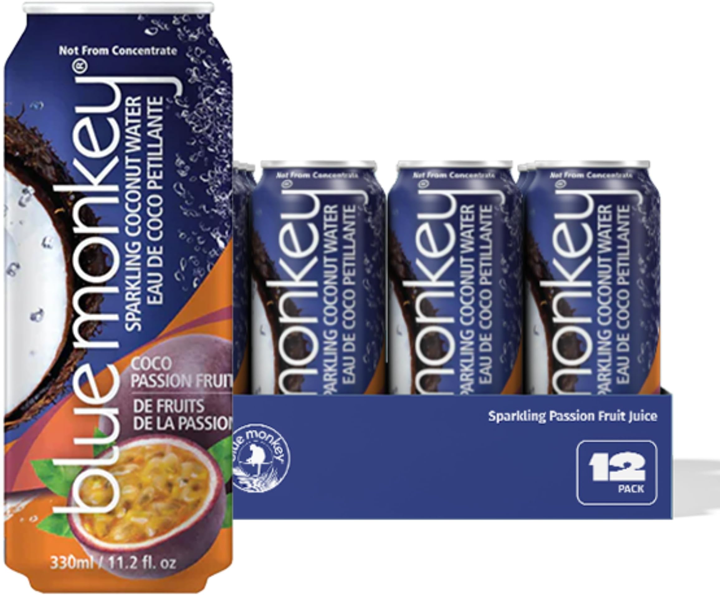 Blue Monkey Sparkling Coconut Water with Passion Fruit - 99.7% Coconut Water & Juice Blend - No Sugar Added, All Natural, Shelf Stable - Lightly Carbonated Tropical Beverage - 11.2oz (330ml) 12-Pack