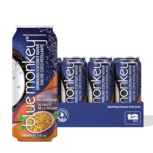 Blue Monkey Agua de coco con gas con maracuyá  99.7% agua de coco y mezcla de jugo, sin azúcar añadido, totalmente natural, estable en el