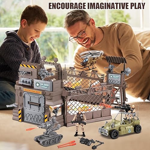 Miniatura 6 de fisca Juego de juguetes militares de base militar, figuras de acción militares, vehículos militares, equipo de arma, modelo militar, juego de