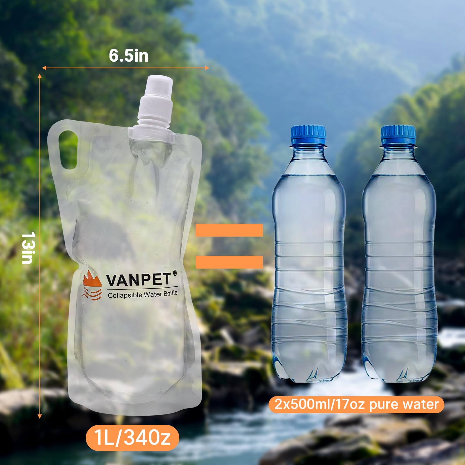 VANPET Faltbare Wasserflaschen, 1 l, BPA-frei, faltbar, für Reisen, Camping, Wandern, 4 Stück
