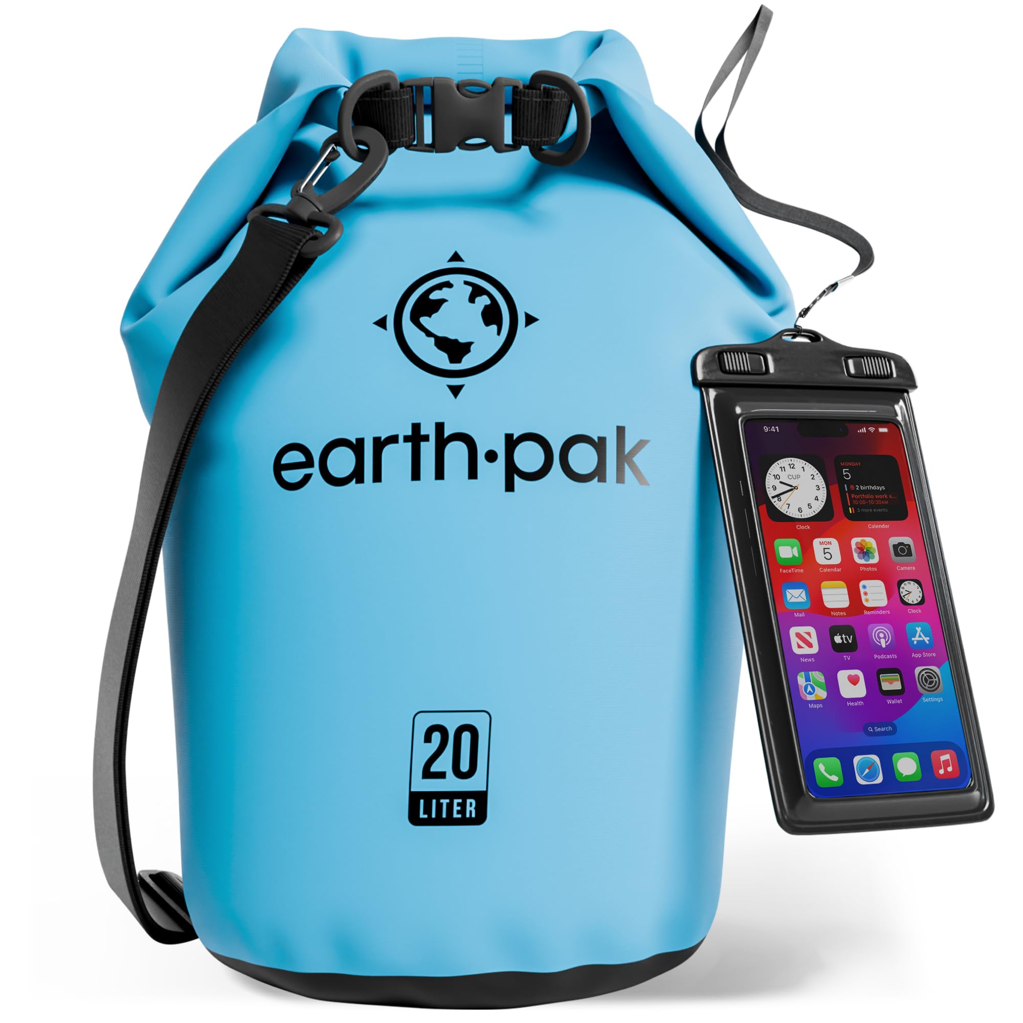 Earth Pak -Waterproof Dry Bag - Roll Top Dry Sack Keeps Gear Dry for Boating, Hiking, Camping and Fishing with Waterproof Phone Case (Light Blue, 20L)