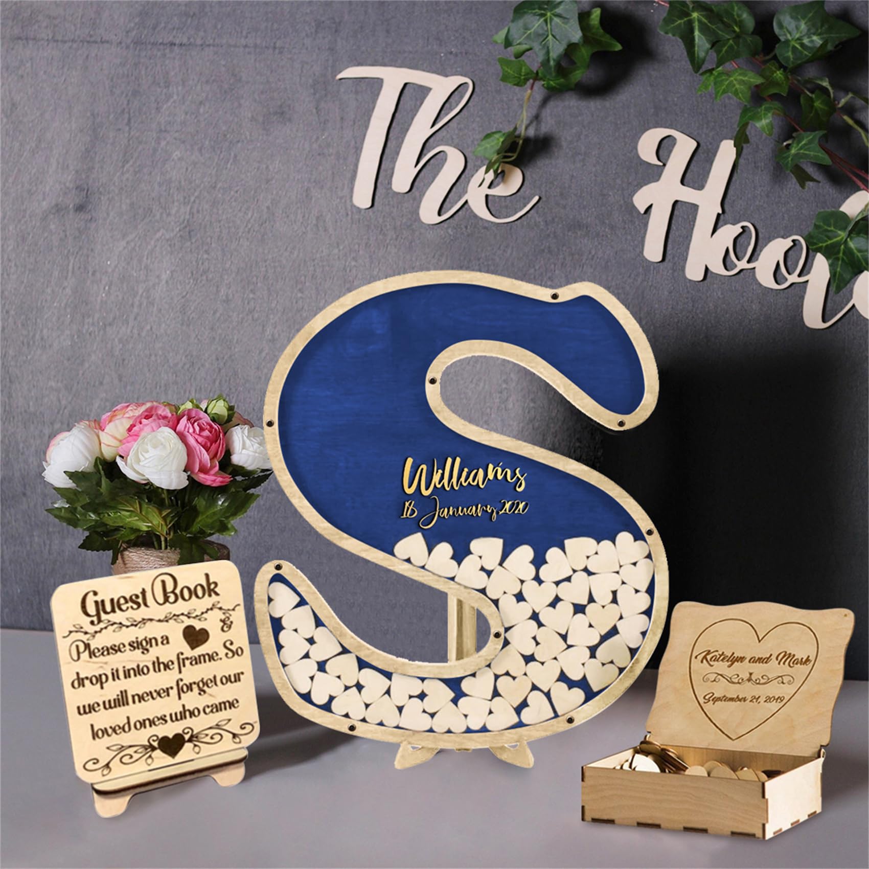 Personalized Wedding Guest Book Alternative Custom Letter Rustic Wedding Guest Book Ideas Wooden Wedding Guestbooks Sign with Stand for 30-100 Wooden Hearts,Letter Guest Book-4