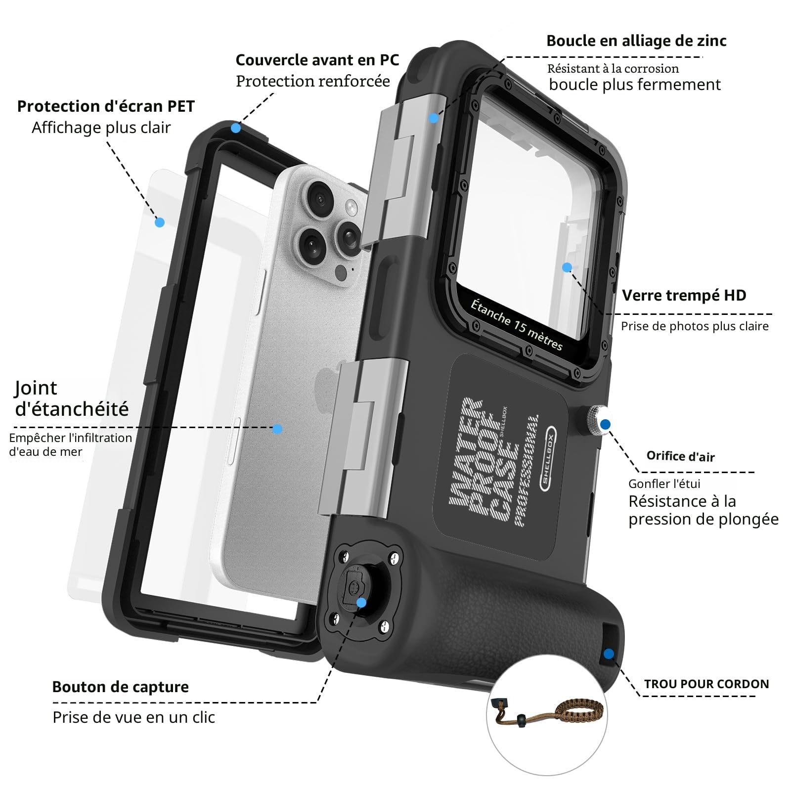 Coque de Téléphone de Plongée Professionnelle Pochette Étanche Smartphone IPX8 Pochette Téléphone Étanche Housse Étui de Protection pour iPhone 17 Air 16 17 Pro 16 17 Pro max 15 Pro 13 14 15 Pro Max