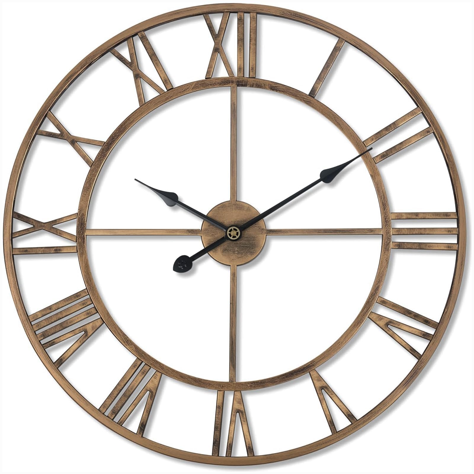 20 inch large retro wall clock, roman numeral rusty style round metal clock, battery operated, silent non-ticking decorative clock for living room, kitchen, bedroom, home, loft - gold