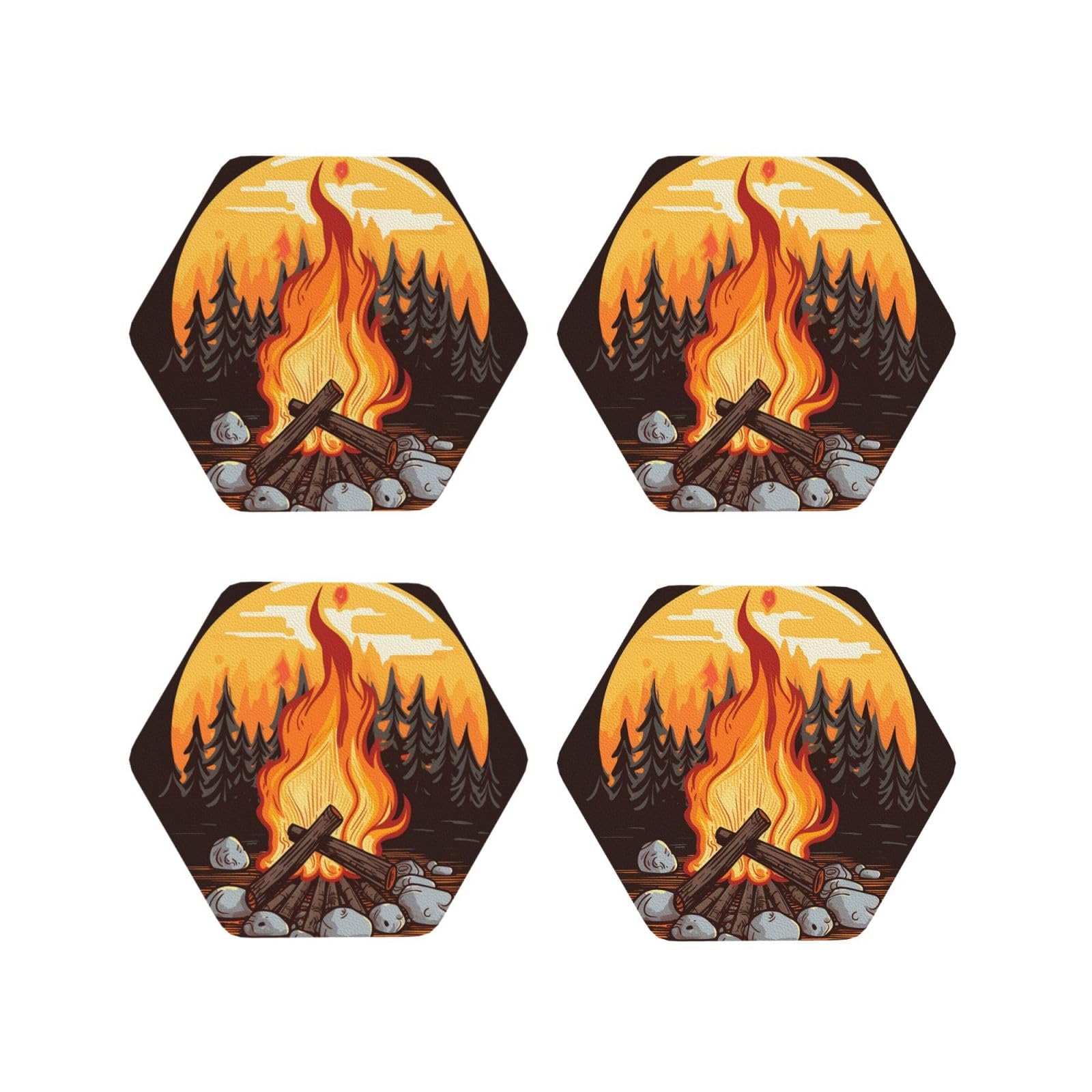 4Pcs PU Leather Coaster for Drinks, Bonfire Cup Coastersr 4" Cup Mat Pad, Aesthetic Drink Coasters for Coffee Table, Hexagon Coaster for Tabletop Protection