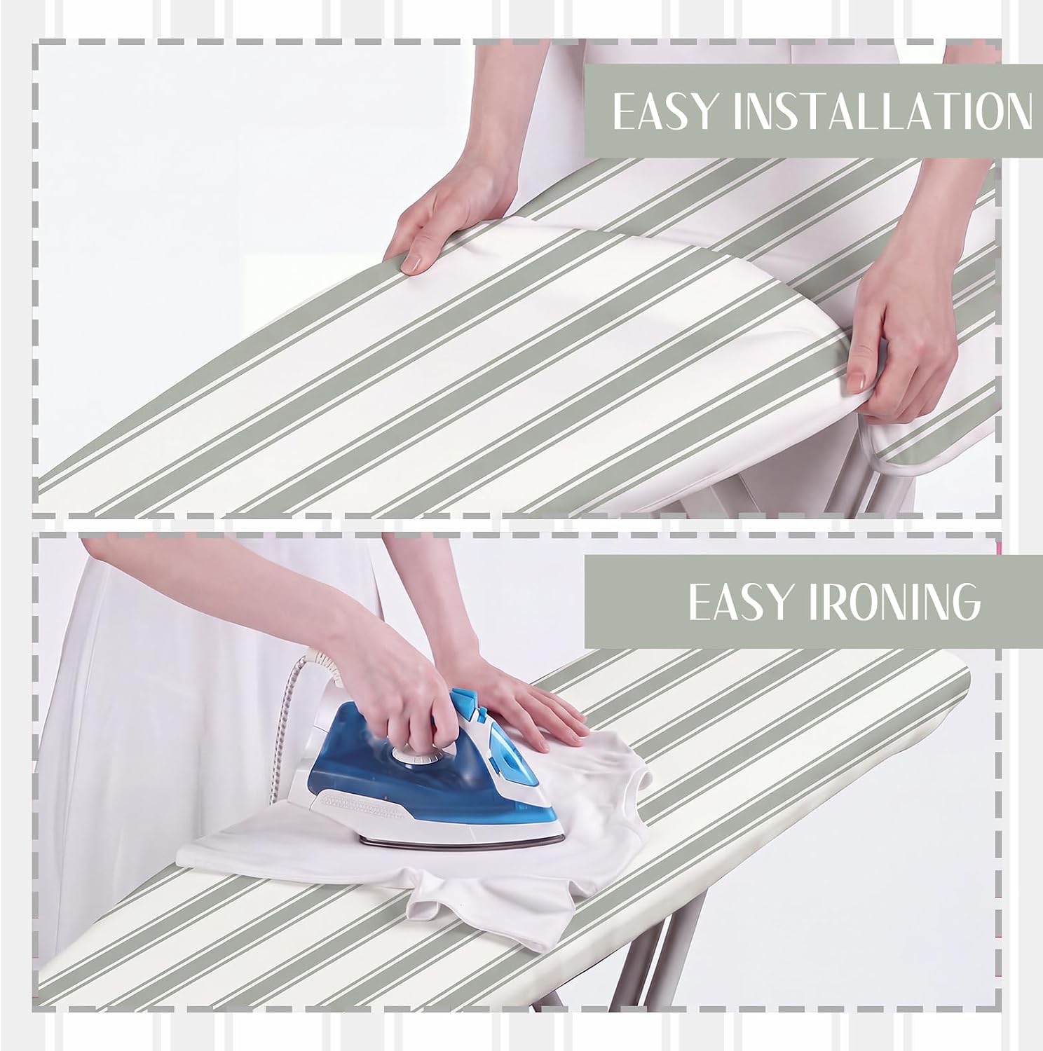 Tegeme Stripes Ironing Board Cover 15x54 Cotton Padded, Sage Green